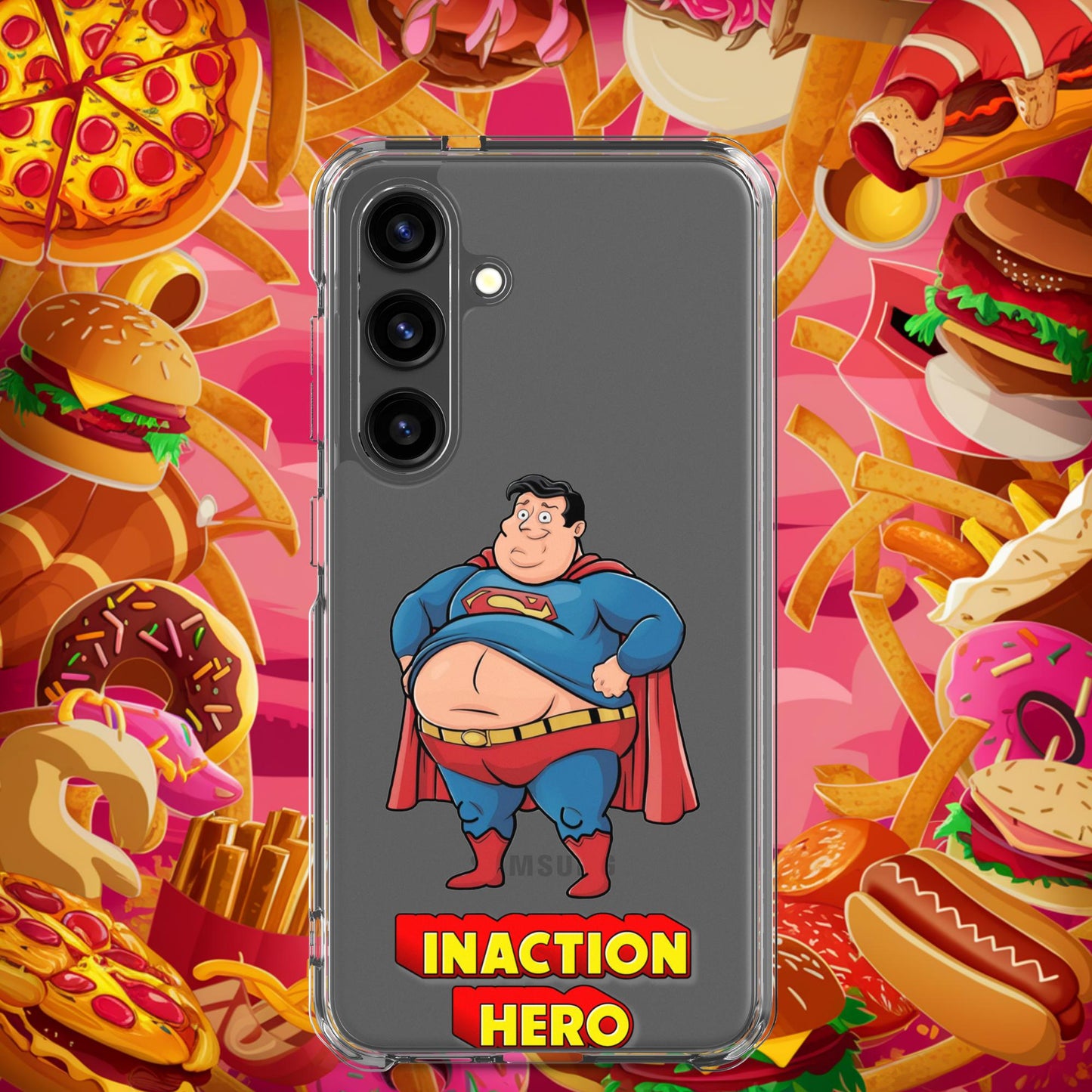 Inaction Hero Funny Fat Superhero Clear Case for Samsung Samsung Galaxy S24 Mobile Phone Cases Movies Superheroes Superman Next Cult Brand