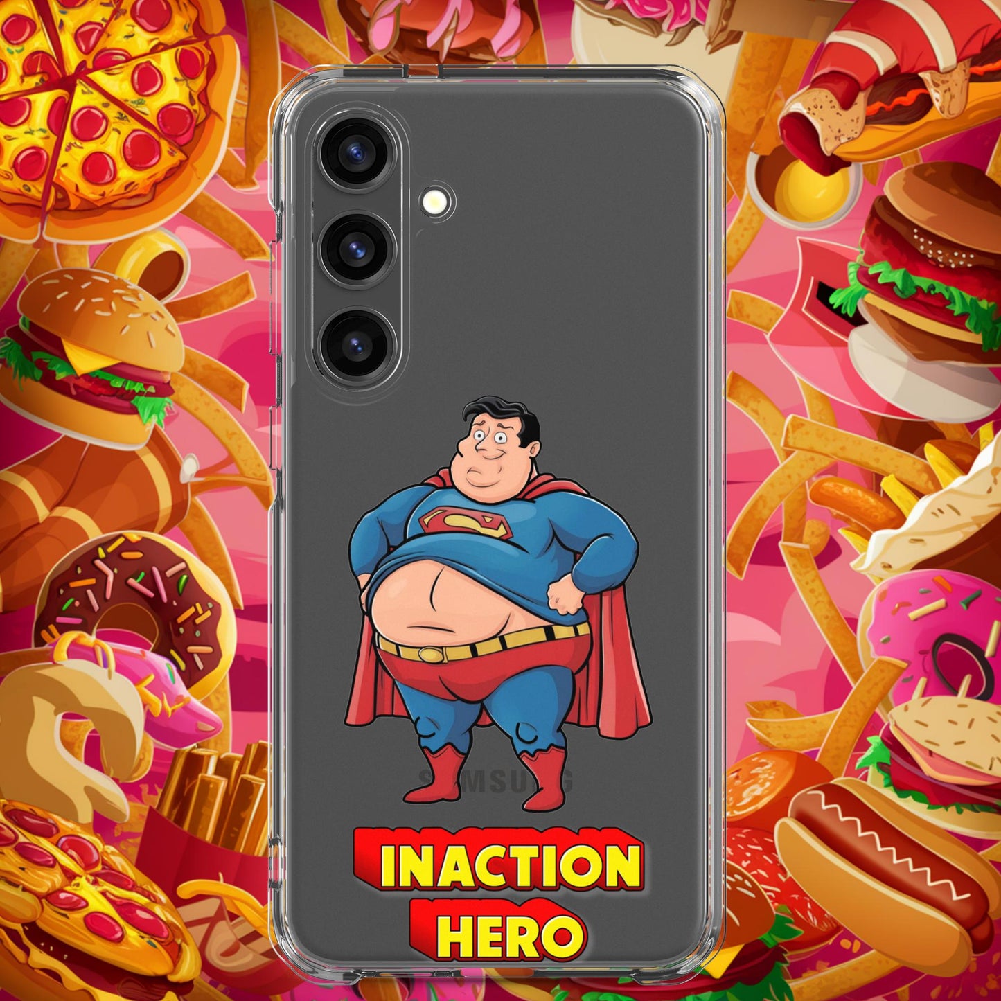 Inaction Hero Funny Fat Superhero Clear Case for Samsung Samsung Galaxy S24 Plus Mobile Phone Cases Movies Superheroes Superman Next Cult Brand