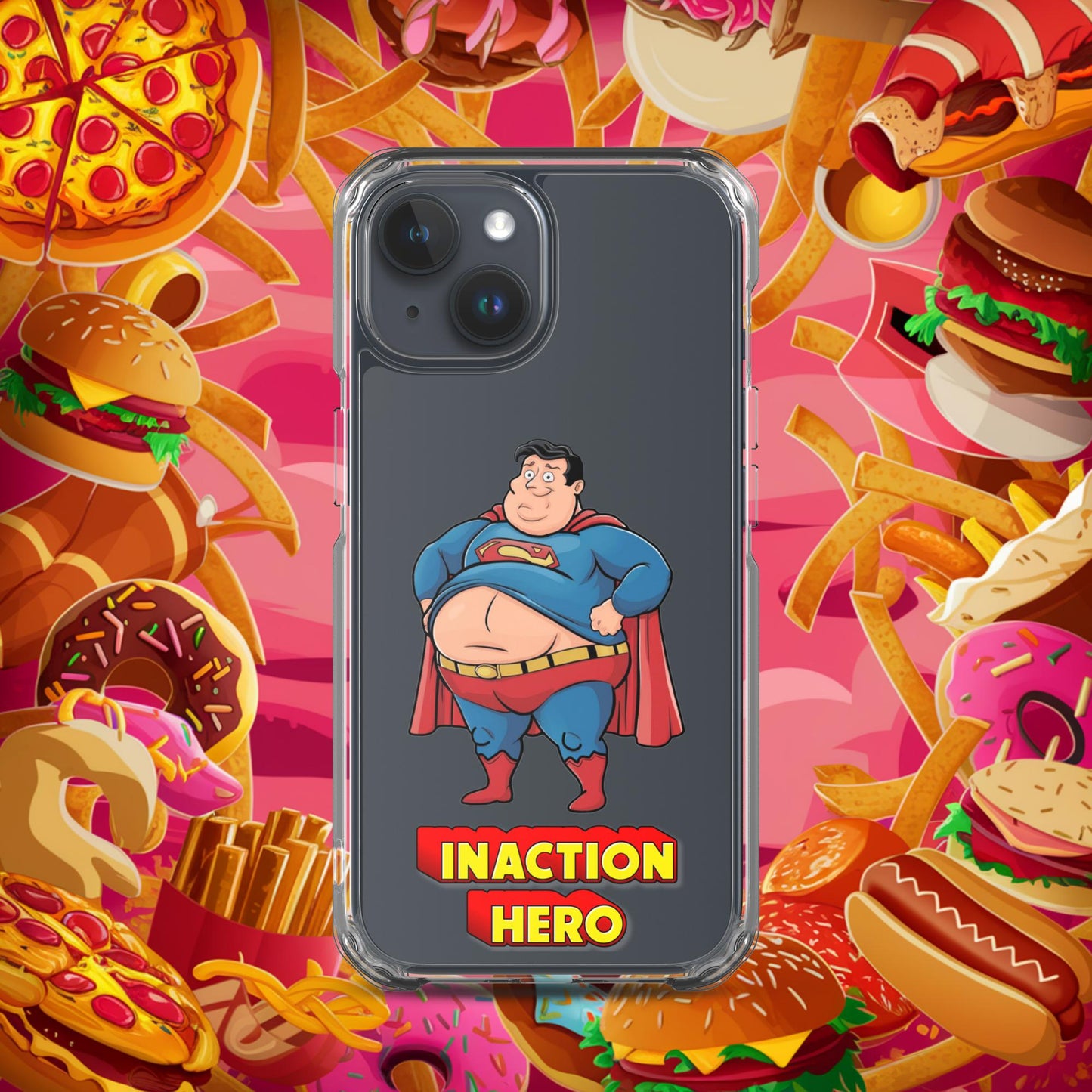 Inaction Hero Funny Fat Superhero Clear Case for iPhone iPhone 15 Mobile Phone Cases Movies Superheroes Superman Next Cult Brand