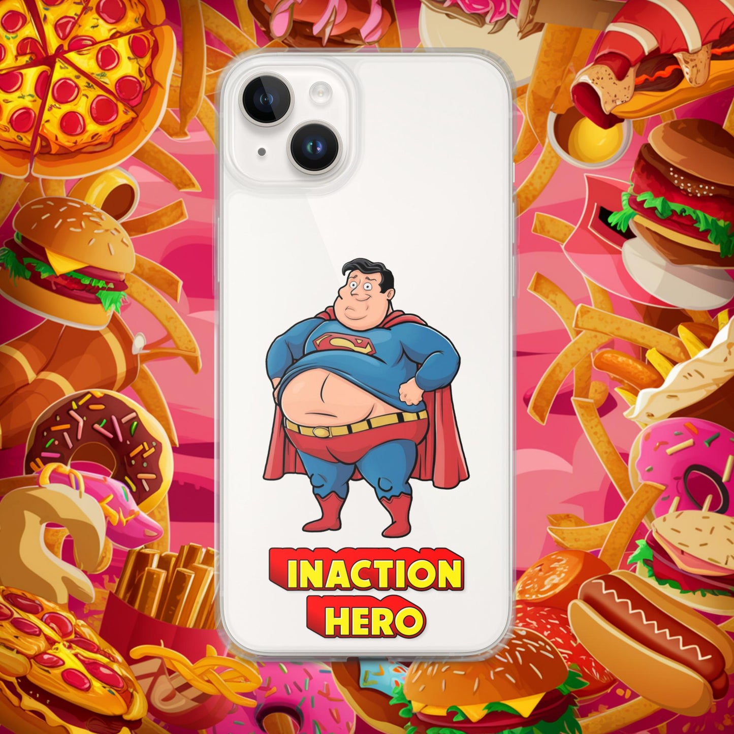 Inaction Hero Funny Fat Superhero Clear Case for iPhone iPhone 14 Plus Mobile Phone Cases Movies Superheroes Superman Next Cult Brand