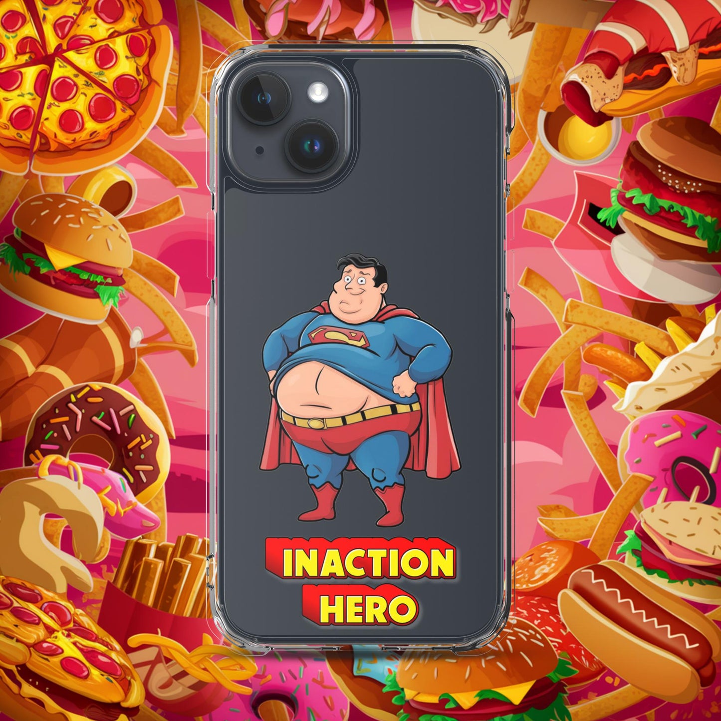 Inaction Hero Funny Fat Superhero Clear Case for iPhone iPhone 15 Plus Mobile Phone Cases Movies Superheroes Superman Next Cult Brand