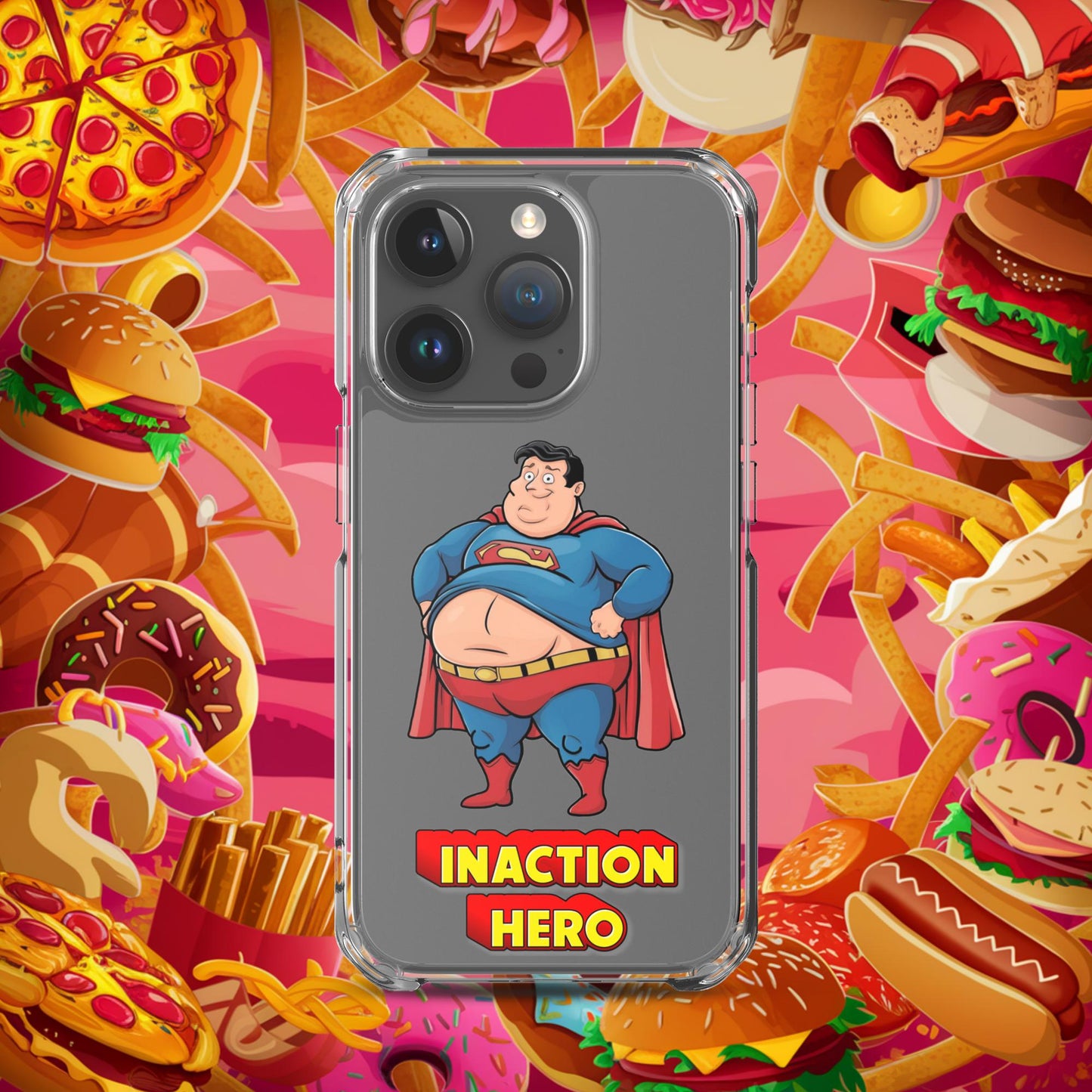 Inaction Hero Funny Fat Superhero Clear Case for iPhone iPhone 15 Pro Mobile Phone Cases Movies Superheroes Superman Next Cult Brand