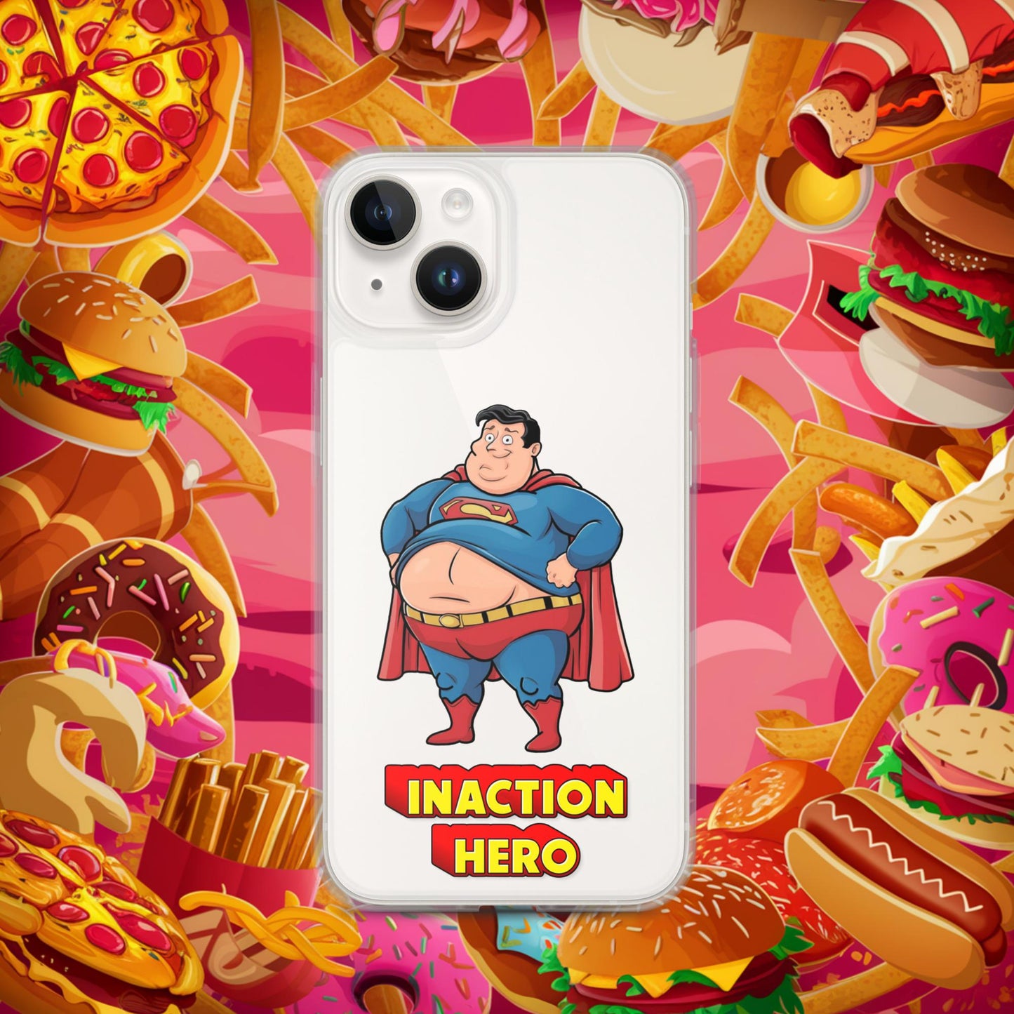 Inaction Hero Funny Fat Superhero Clear Case for iPhone iPhone 14 Mobile Phone Cases Movies Superheroes Superman Next Cult Brand
