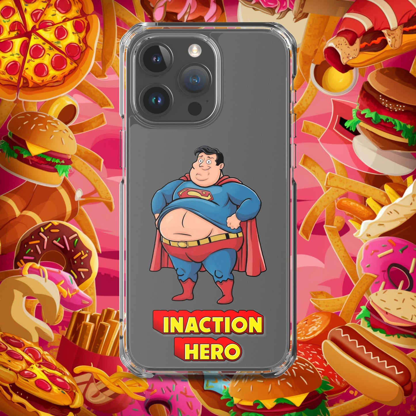Inaction Hero Funny Fat Superhero Clear Case for iPhone iPhone 15 Pro Max Mobile Phone Cases Movies Superheroes Superman Next Cult Brand