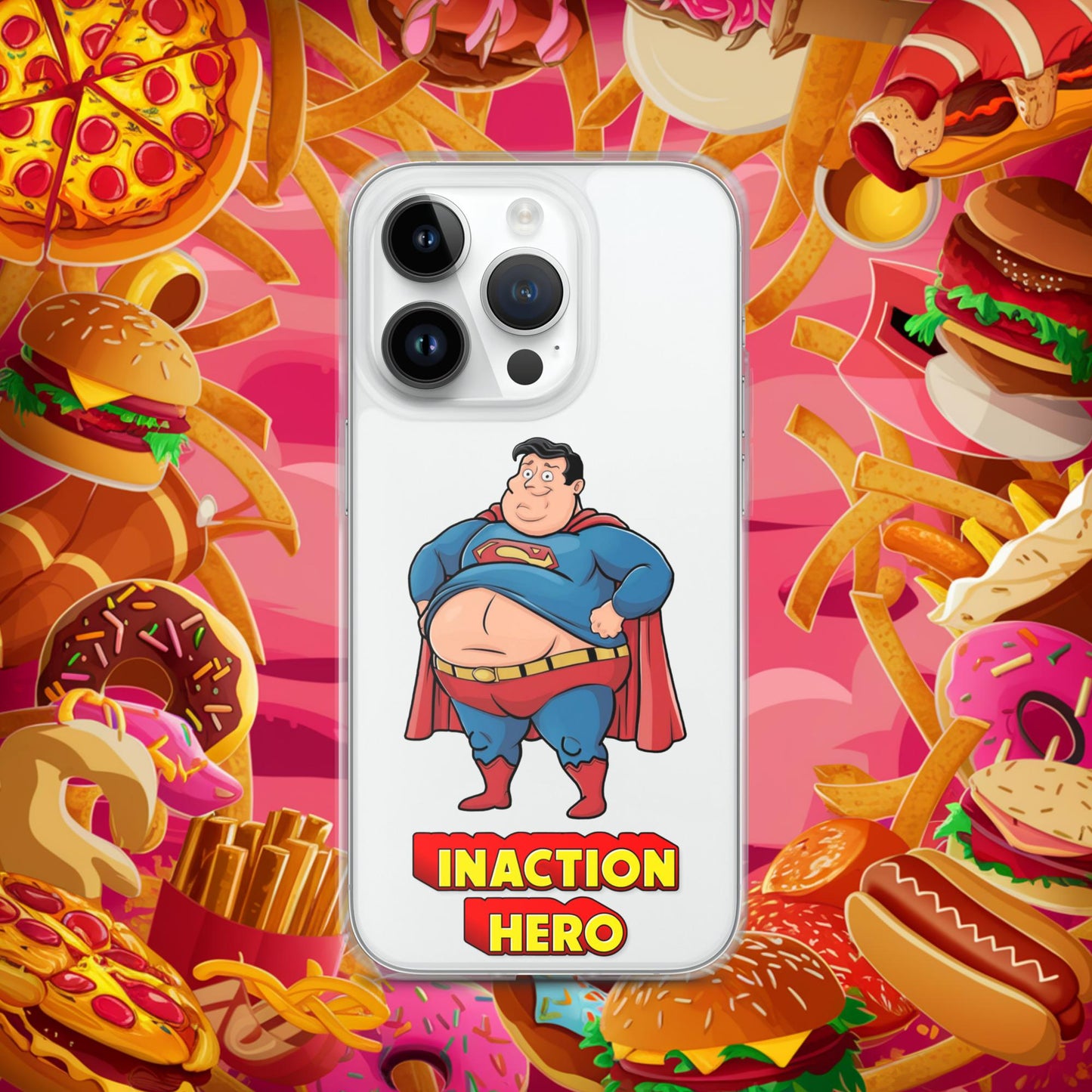 Inaction Hero Funny Fat Superhero Clear Case for iPhone iPhone 14 Pro Mobile Phone Cases Movies Superheroes Superman Next Cult Brand