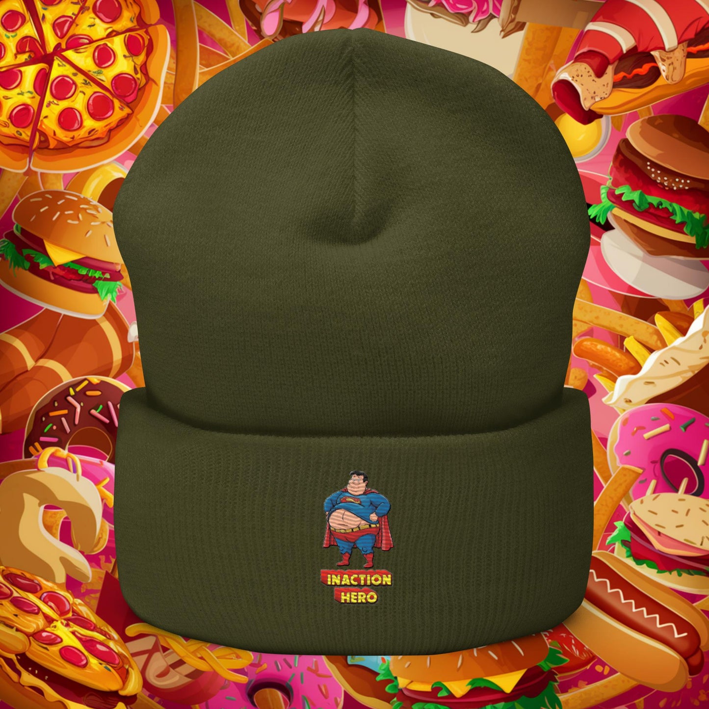 Inaction Hero Funny Fat Superhero Cuffed Beanie Olive Hats Movies Superheroes Superman Next Cult Brand