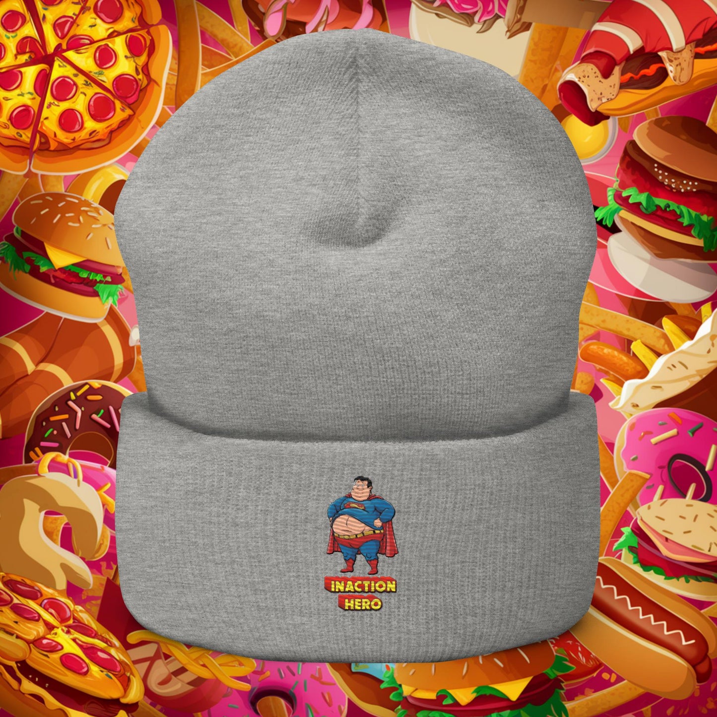 Inaction Hero Funny Fat Superhero Cuffed Beanie Heather Grey Hats Movies Superheroes Superman Next Cult Brand