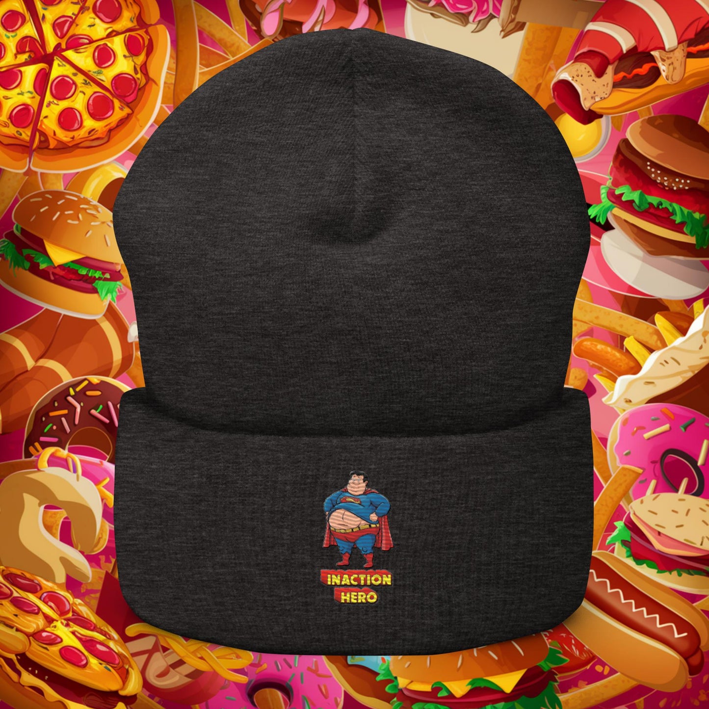 Inaction Hero Funny Fat Superhero Cuffed Beanie Dark Grey Hats Movies Superheroes Superman Next Cult Brand