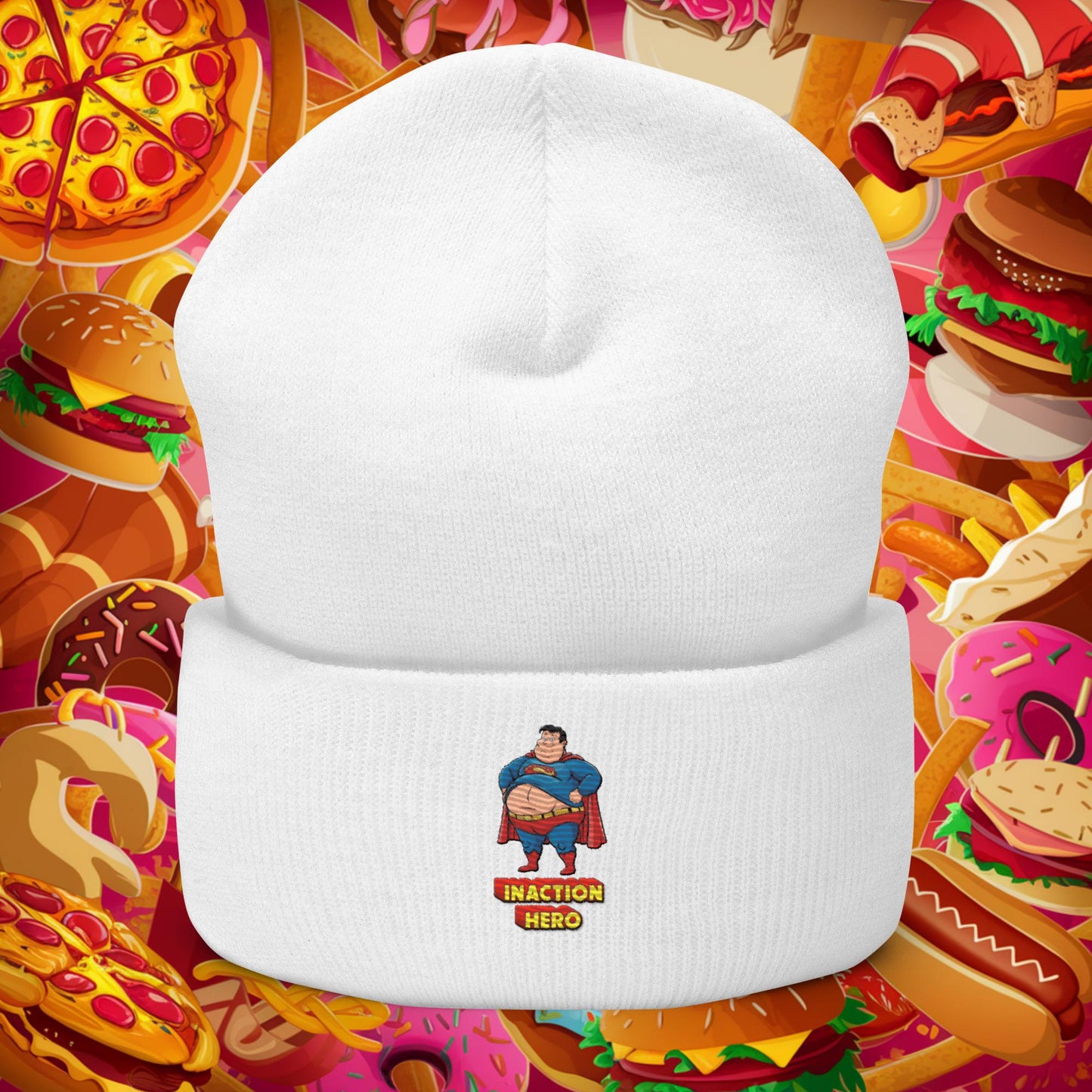 Inaction Hero Funny Fat Superhero Cuffed Beanie White Hats Justice League Movies Superheroes Superman Next Cult Brand