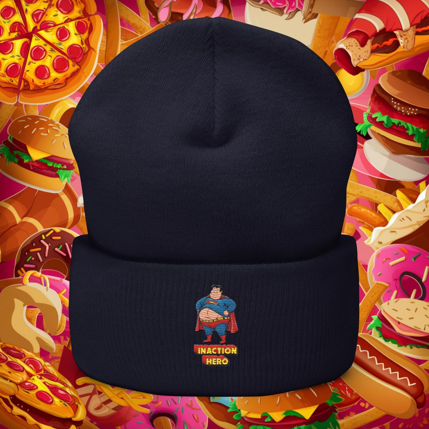 Inaction Hero Funny Fat Superhero Cuffed Beanie Navy Hats Movies Superheroes Superman Next Cult Brand