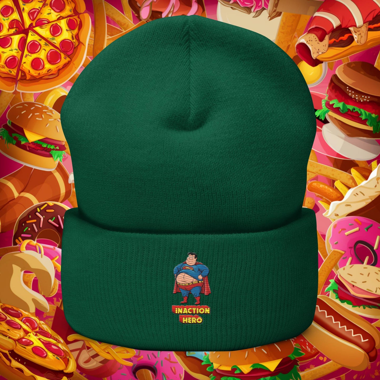Inaction Hero Funny Fat Superhero Cuffed Beanie Spruce Hats Justice League Movies Superheroes Superman Next Cult Brand