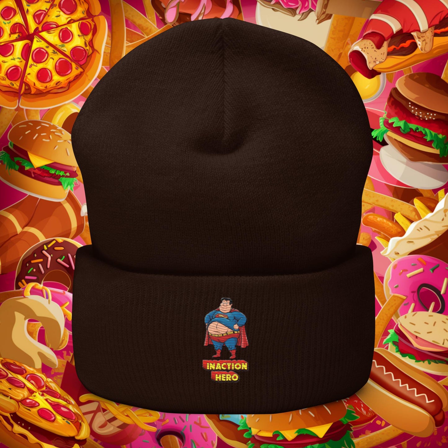 Inaction Hero Funny Fat Superhero Cuffed Beanie Brown Hats Movies Superheroes Superman Next Cult Brand