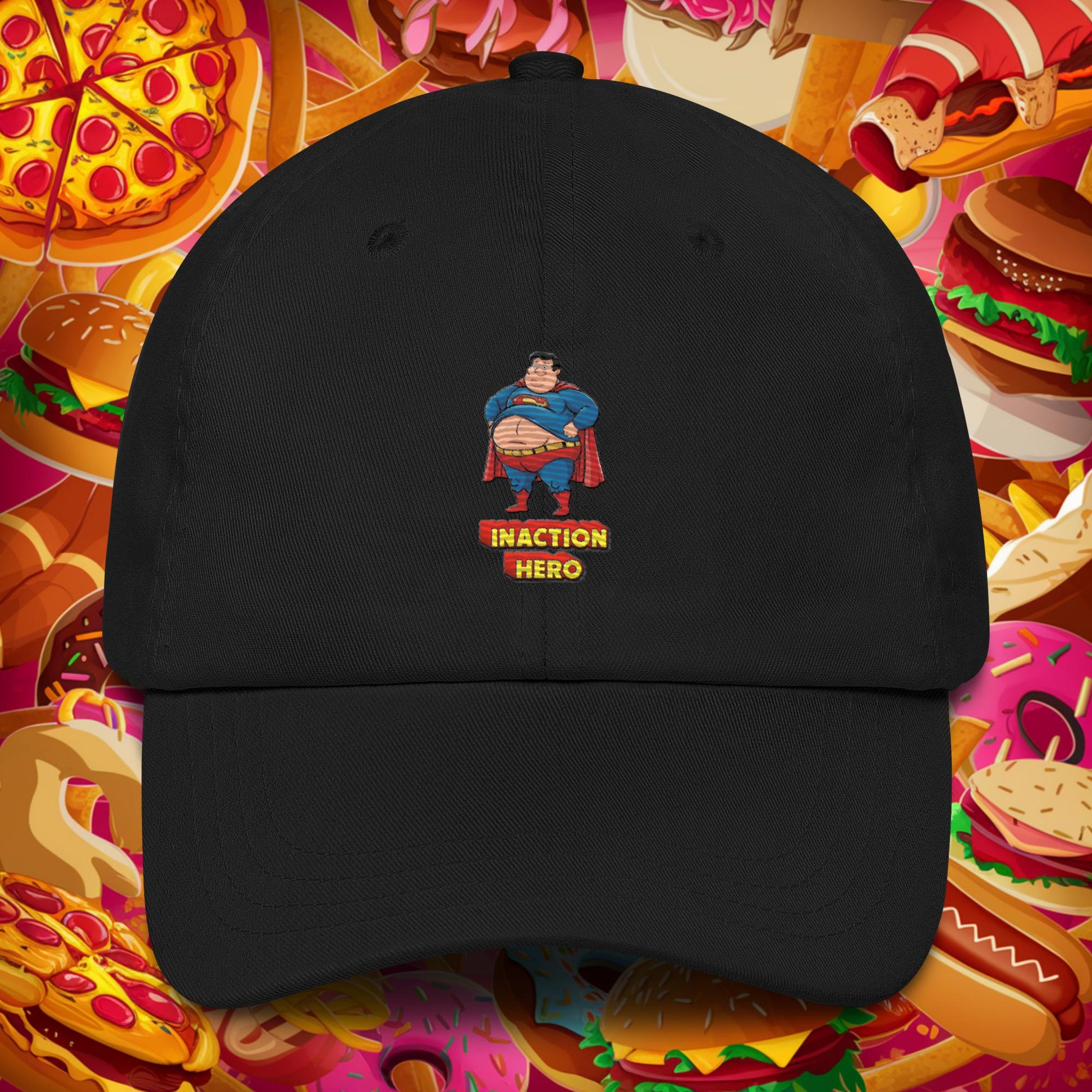 Inaction Hero Funny Fat Superhero Dad hat Black Hats Justice League Movies Superheroes Superman Next Cult Brand