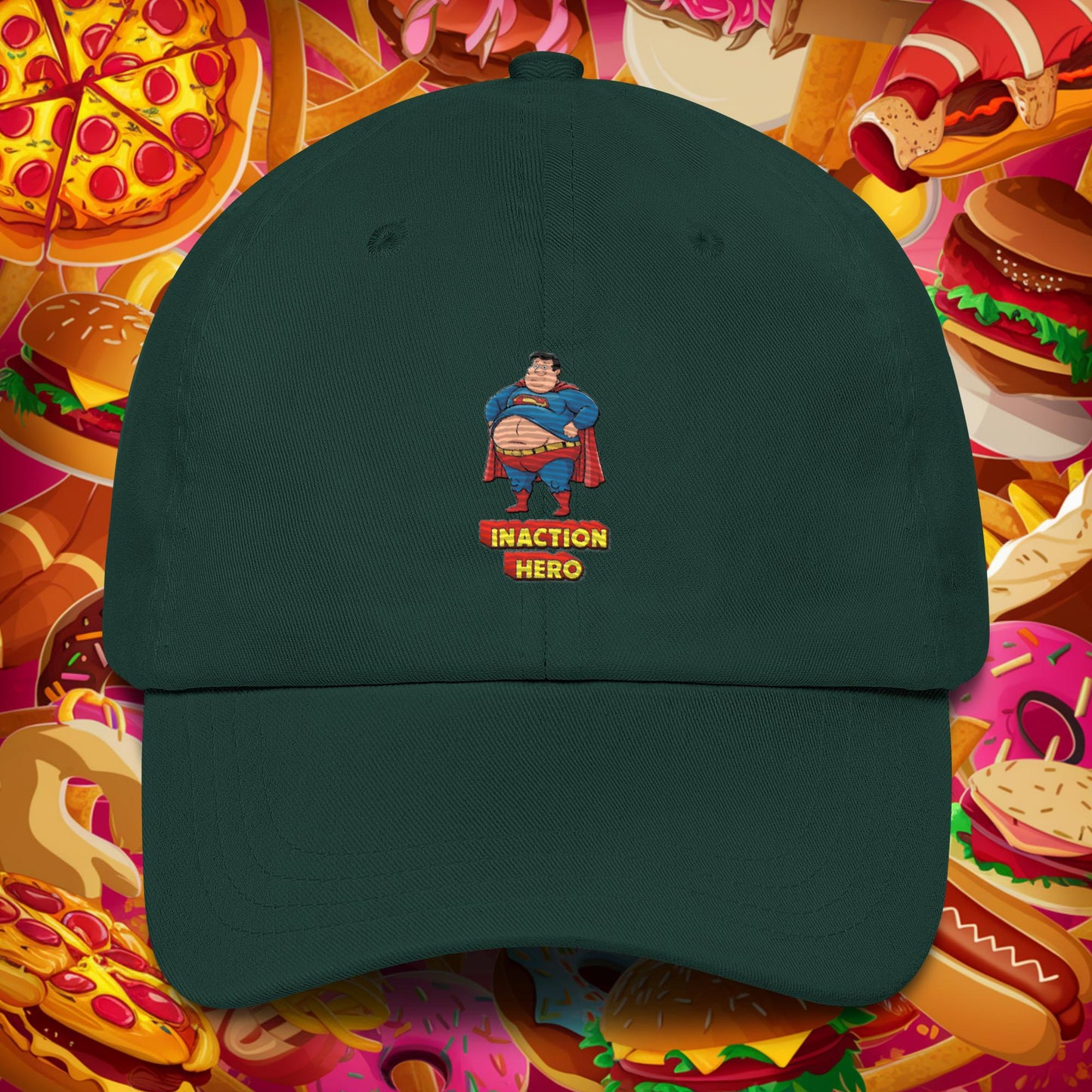 Inaction Hero Funny Fat Superhero Dad hat Spruce Hats Justice League Movies Superheroes Superman Next Cult Brand