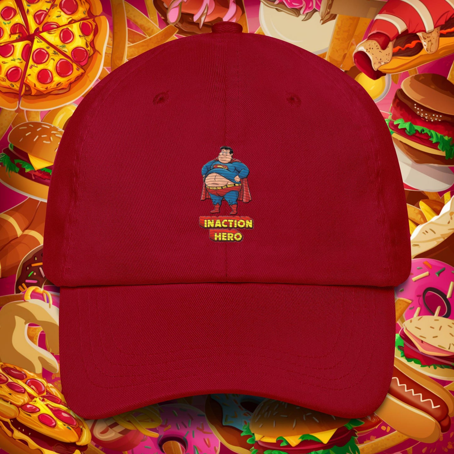 Inaction Hero Funny Fat Superhero Dad hat Cranberry Hats Movies Superheroes Superman Next Cult Brand
