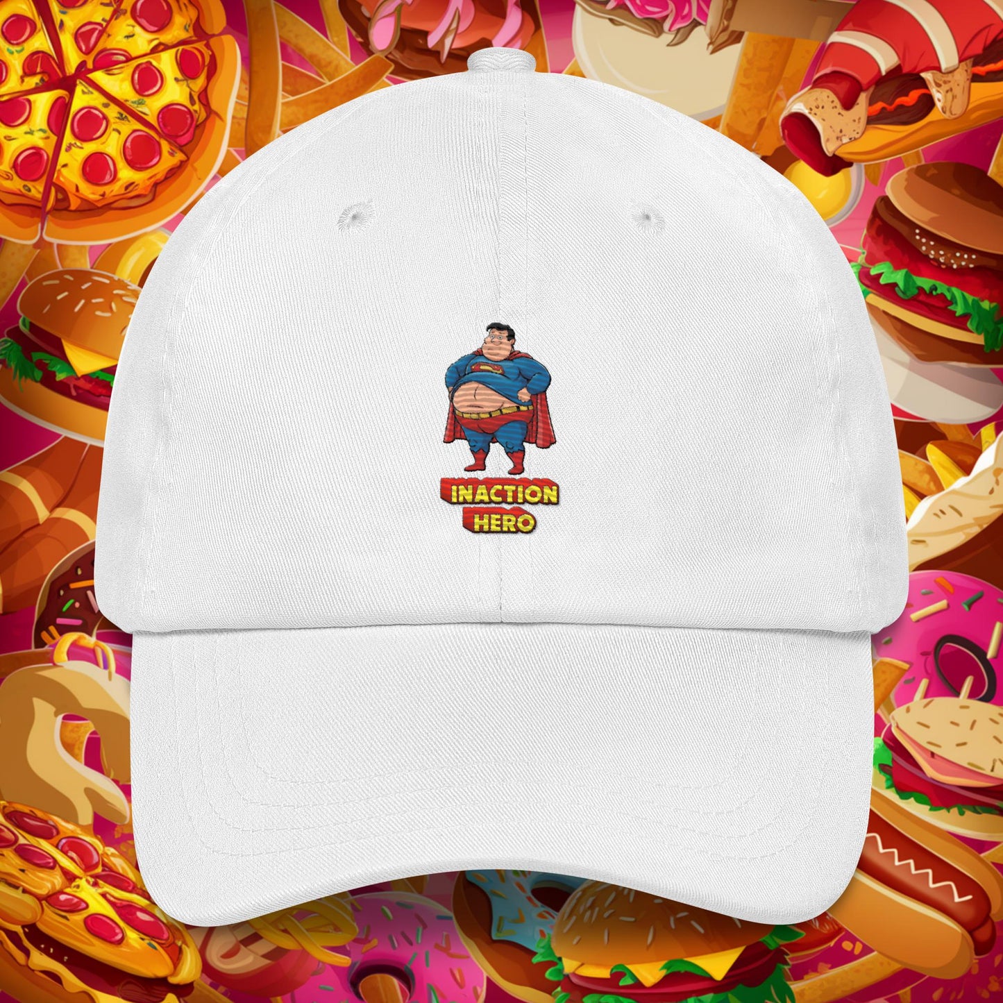 Inaction Hero Funny Fat Superhero Dad hat White Hats Movies Superheroes Superman Next Cult Brand