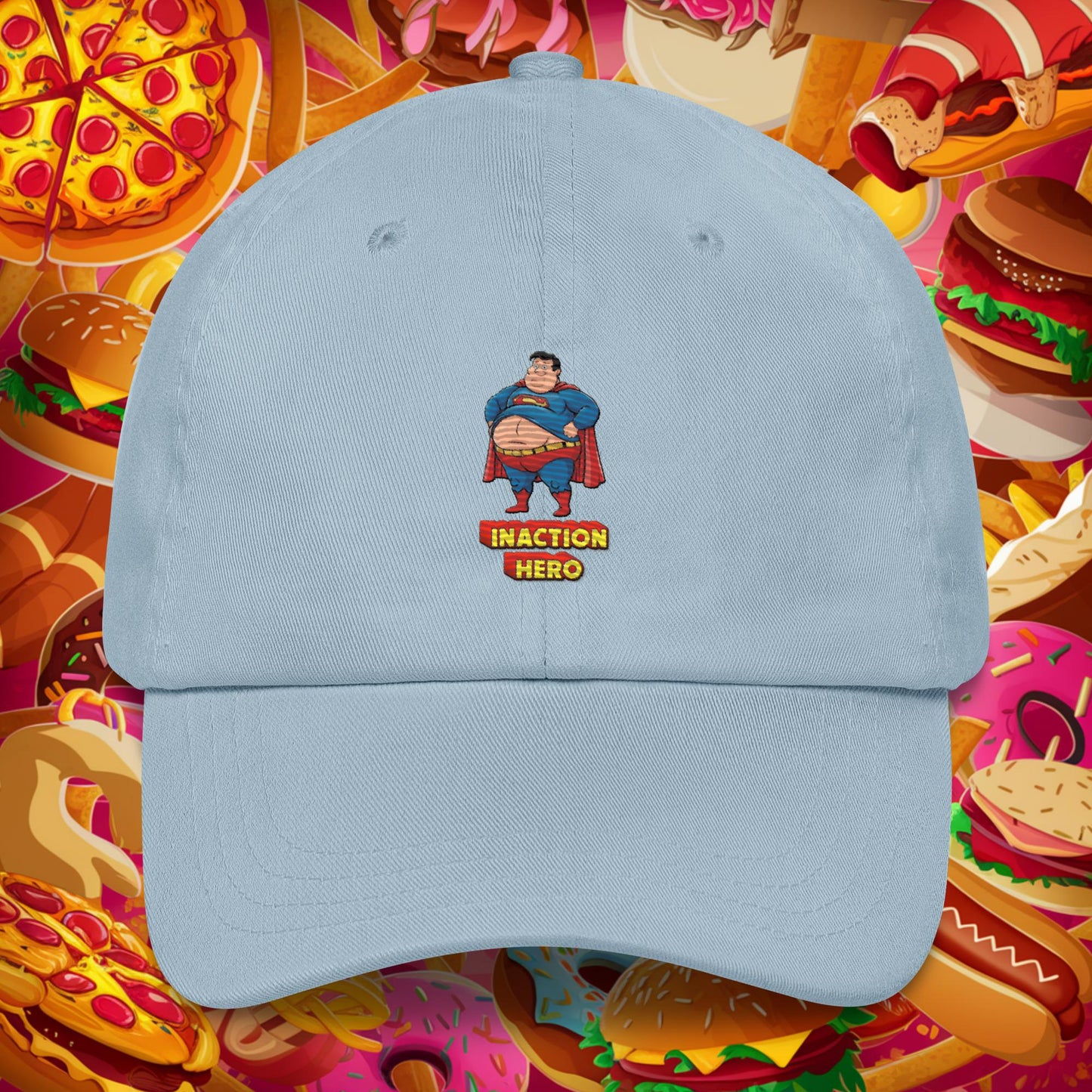 Inaction Hero Funny Fat Superhero Dad hat Light Blue Hats Movies Superheroes Superman Next Cult Brand