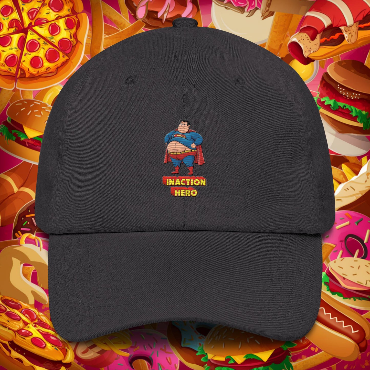 Inaction Hero Funny Fat Superhero Dad hat Dark Grey Hats Justice League Movies Superheroes Superman Next Cult Brand
