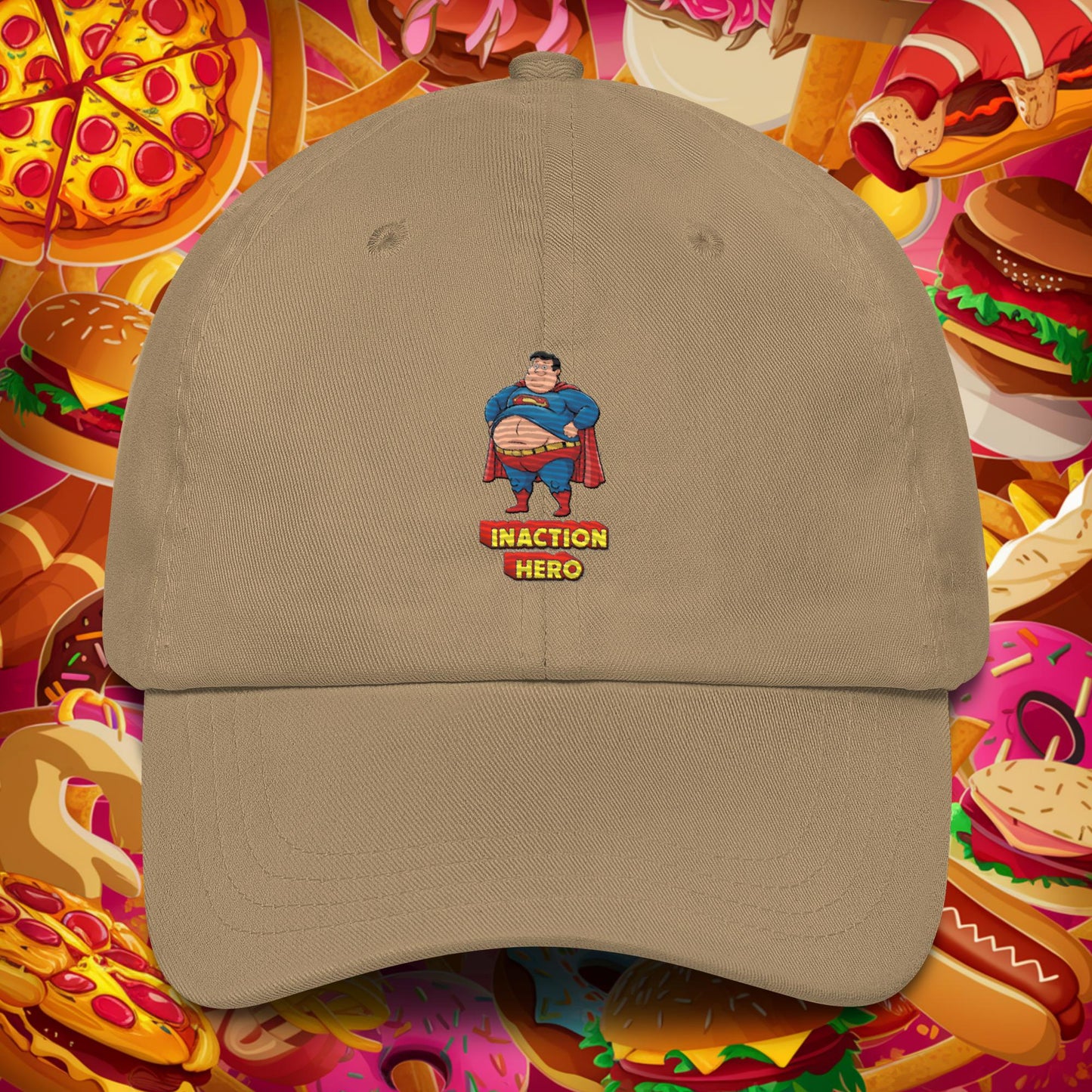 Inaction Hero Funny Fat Superhero Dad hat Khaki Hats Movies Superheroes Superman Next Cult Brand