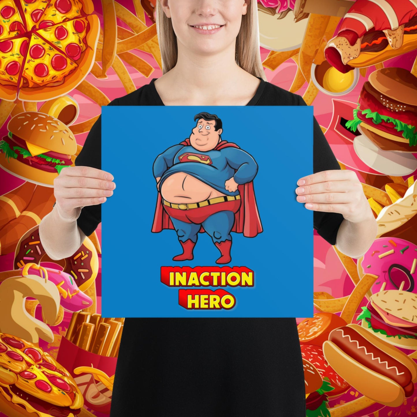Inaction Hero Funny Fat Superhero Poster 14″×14″ Posters Movies Superheroes Superman Next Cult Brand
