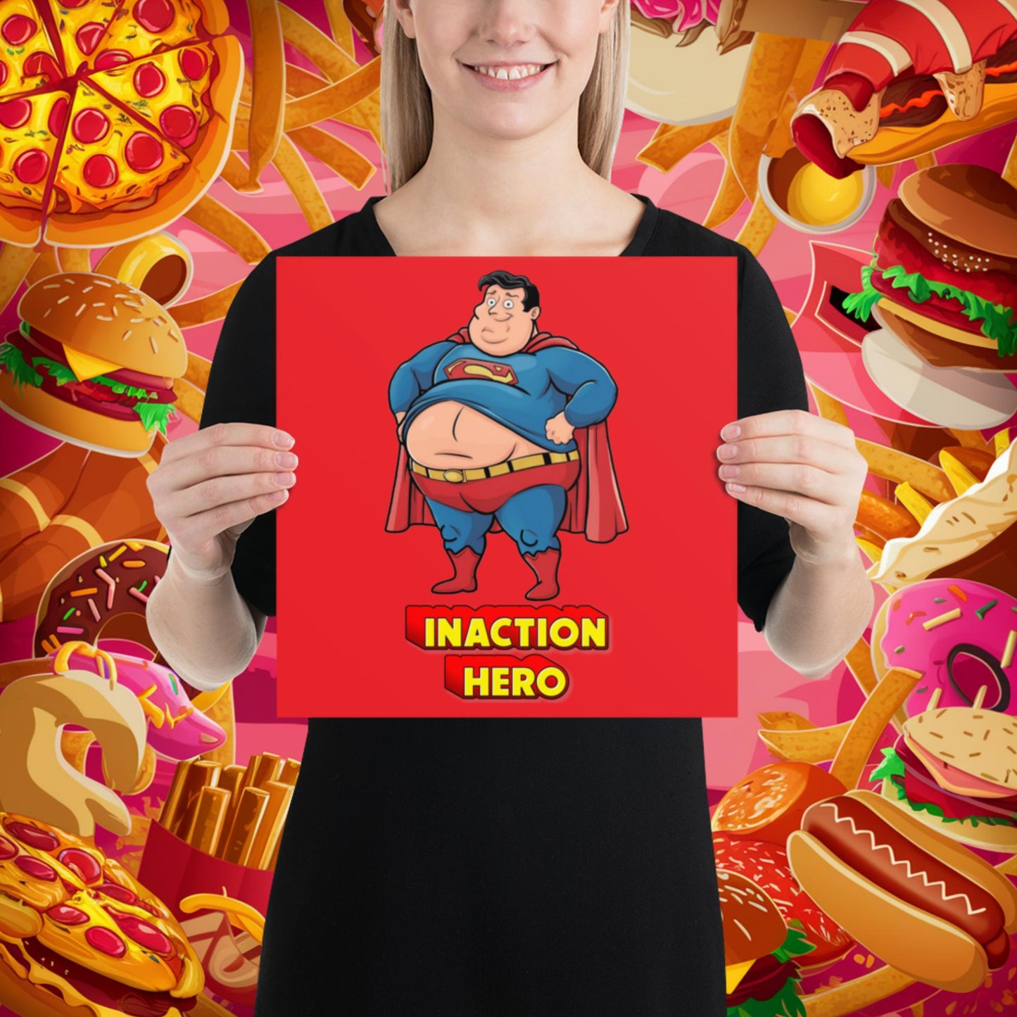 Inaction Hero Funny Fat Superhero Poster 12″×12″ Posters Movies Superheroes Superman Next Cult Brand