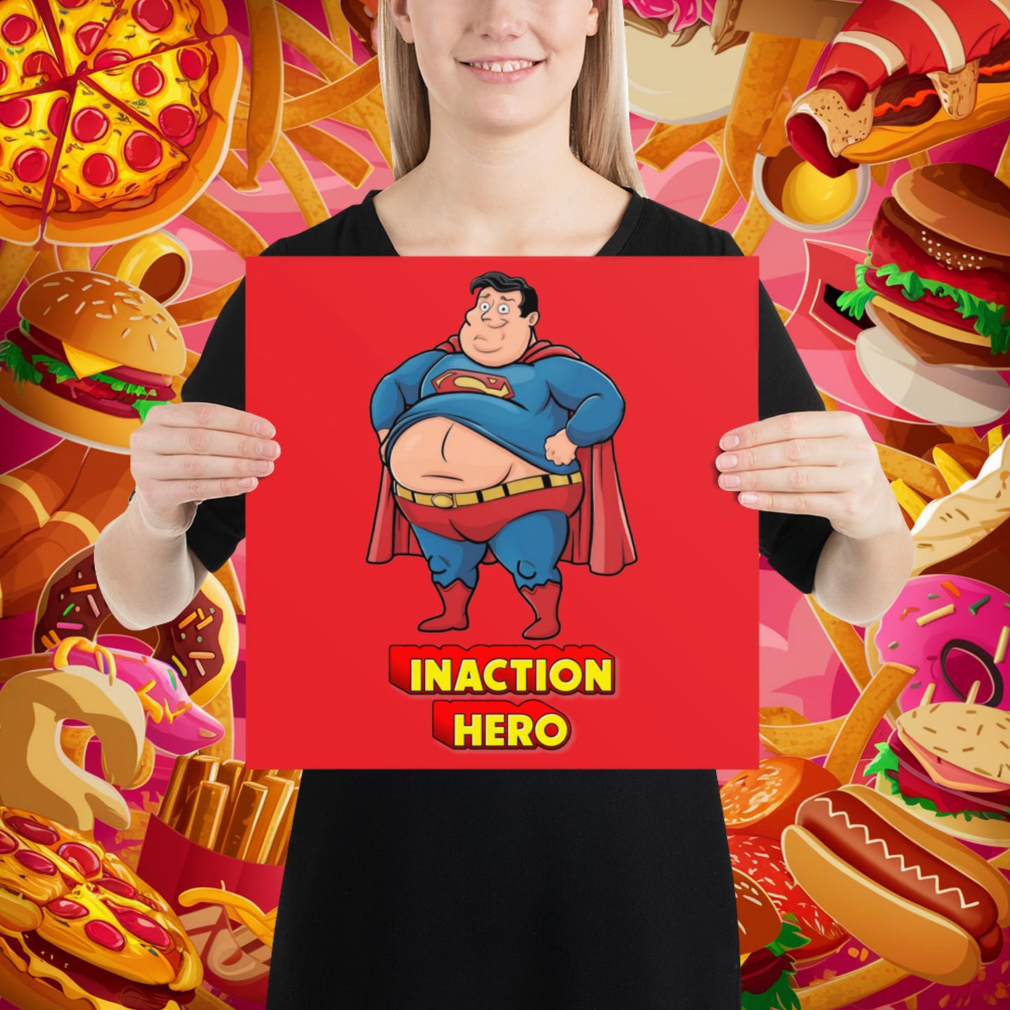 Inaction Hero Funny Fat Superhero Poster 14″×14″ Posters Movies Superheroes Superman Next Cult Brand