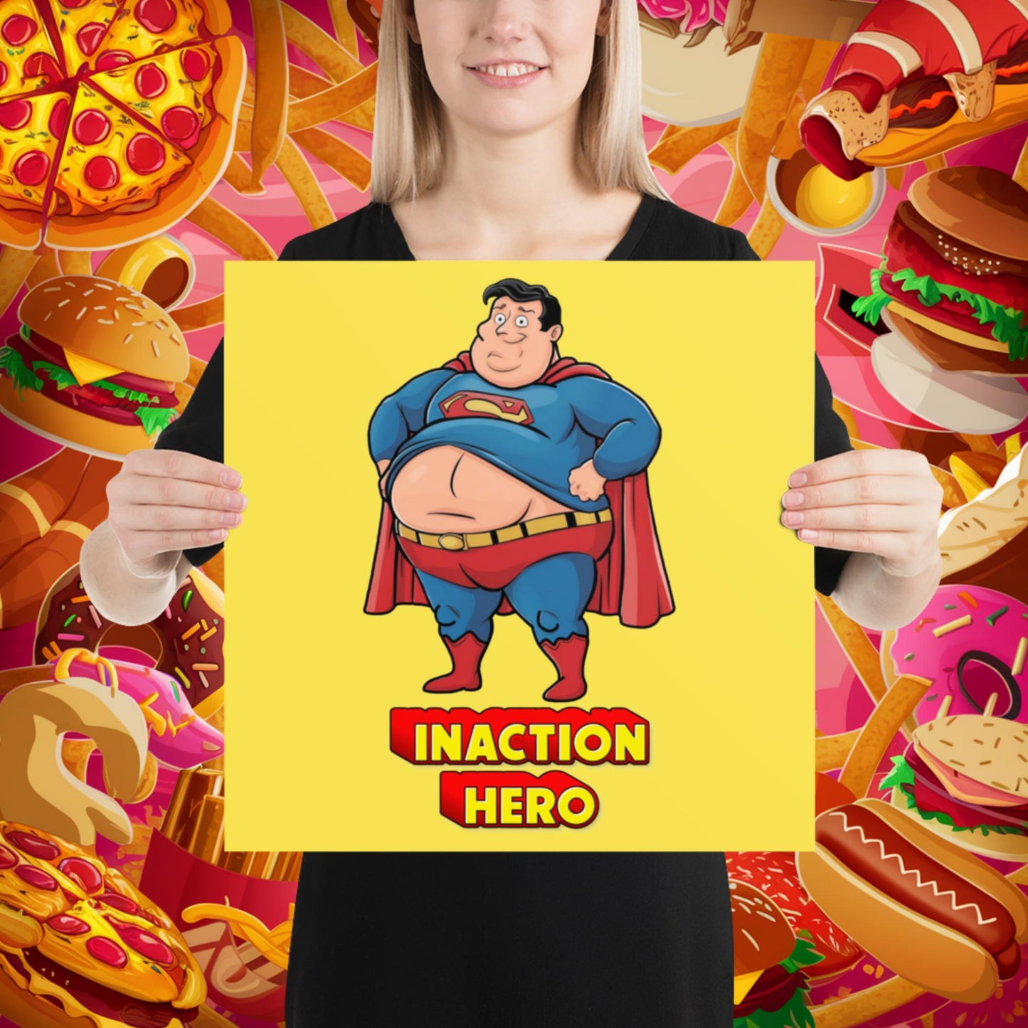Inaction Hero Funny Fat Superhero Poster 16″×16″ Posters Movies Superheroes Superman Next Cult Brand