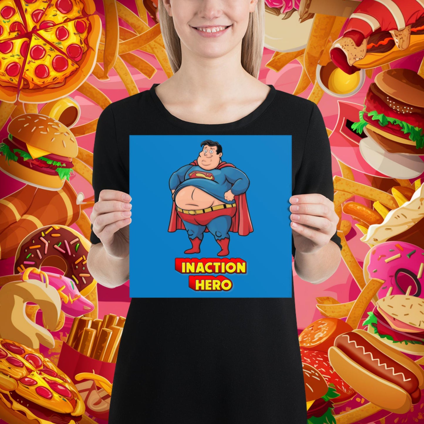 Inaction Hero Funny Fat Superhero Poster 10″×10″ Posters Movies Superheroes Superman Next Cult Brand