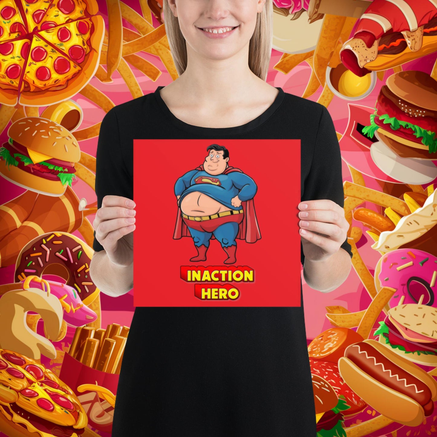 Inaction Hero Funny Fat Superhero Poster 10″×10″ Posters Movies Superheroes Superman Next Cult Brand