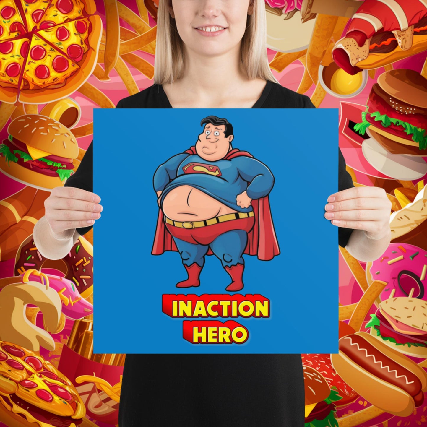 Inaction Hero Funny Fat Superhero Poster 16″×16″ Posters Movies Superheroes Superman Next Cult Brand