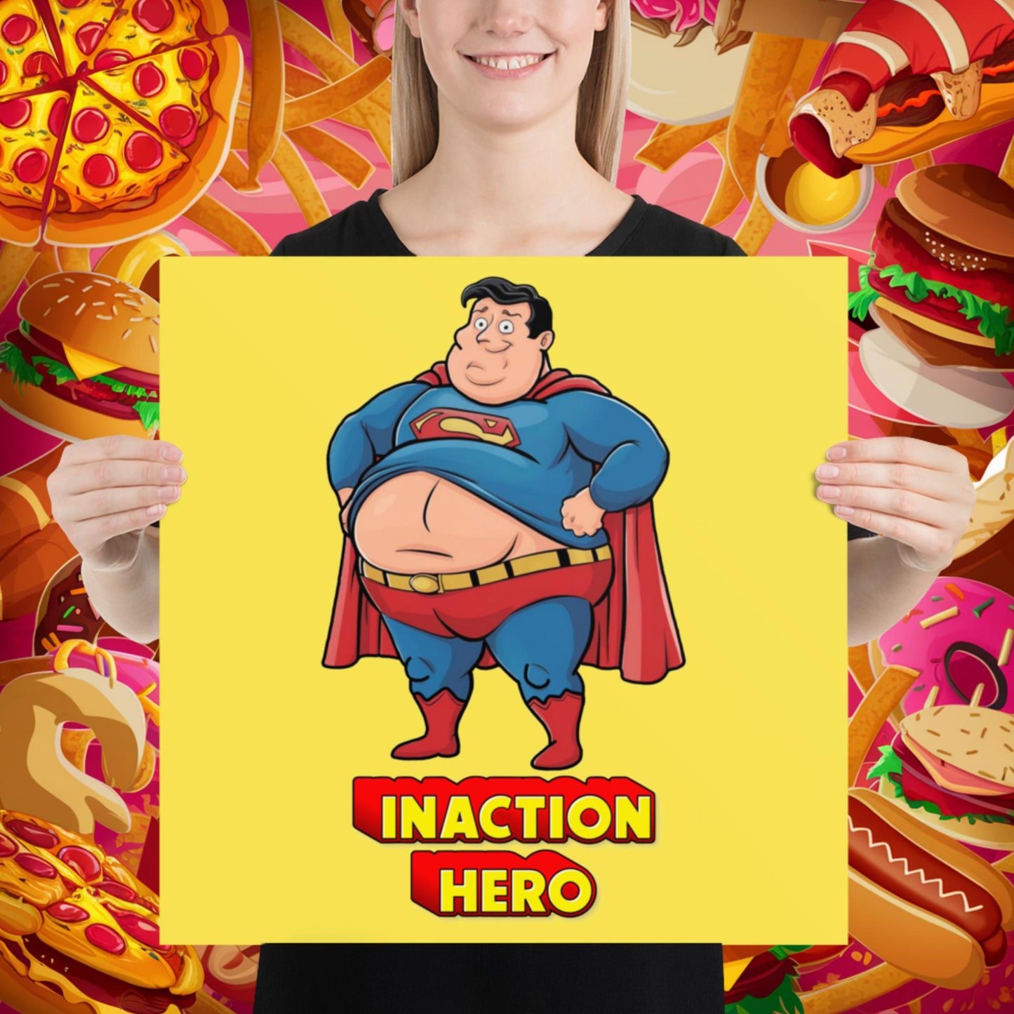 Inaction Hero Funny Fat Superhero Poster 18″×18″ Posters Movies Superheroes Superman Next Cult Brand