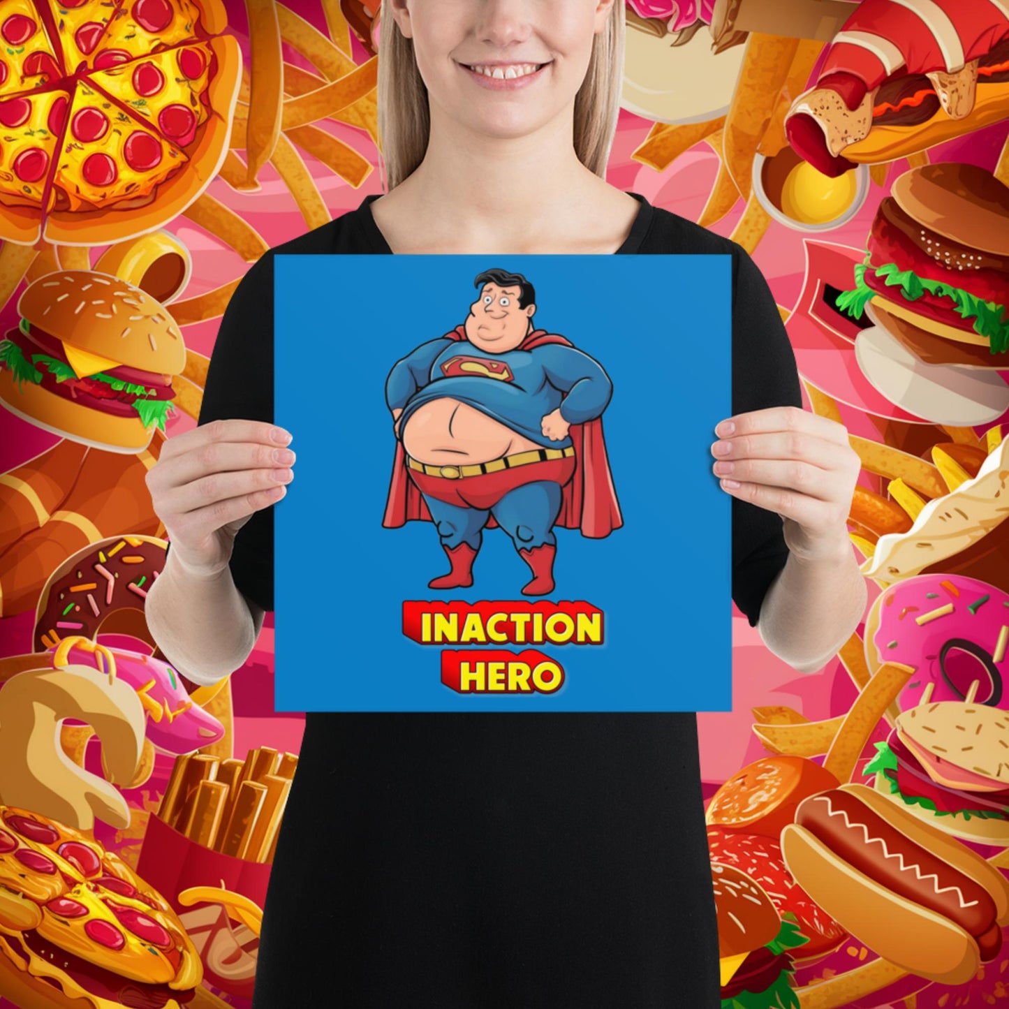 Inaction Hero Funny Fat Superhero Poster 12″×12″ Posters Movies Superheroes Superman Next Cult Brand