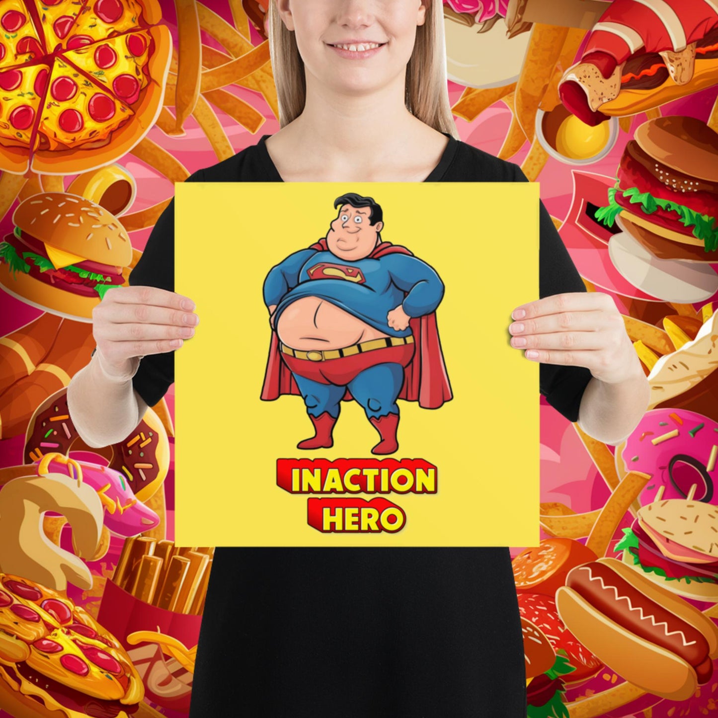 Inaction Hero Funny Fat Superhero Poster 14″×14″ Posters Movies Superheroes Superman Next Cult Brand