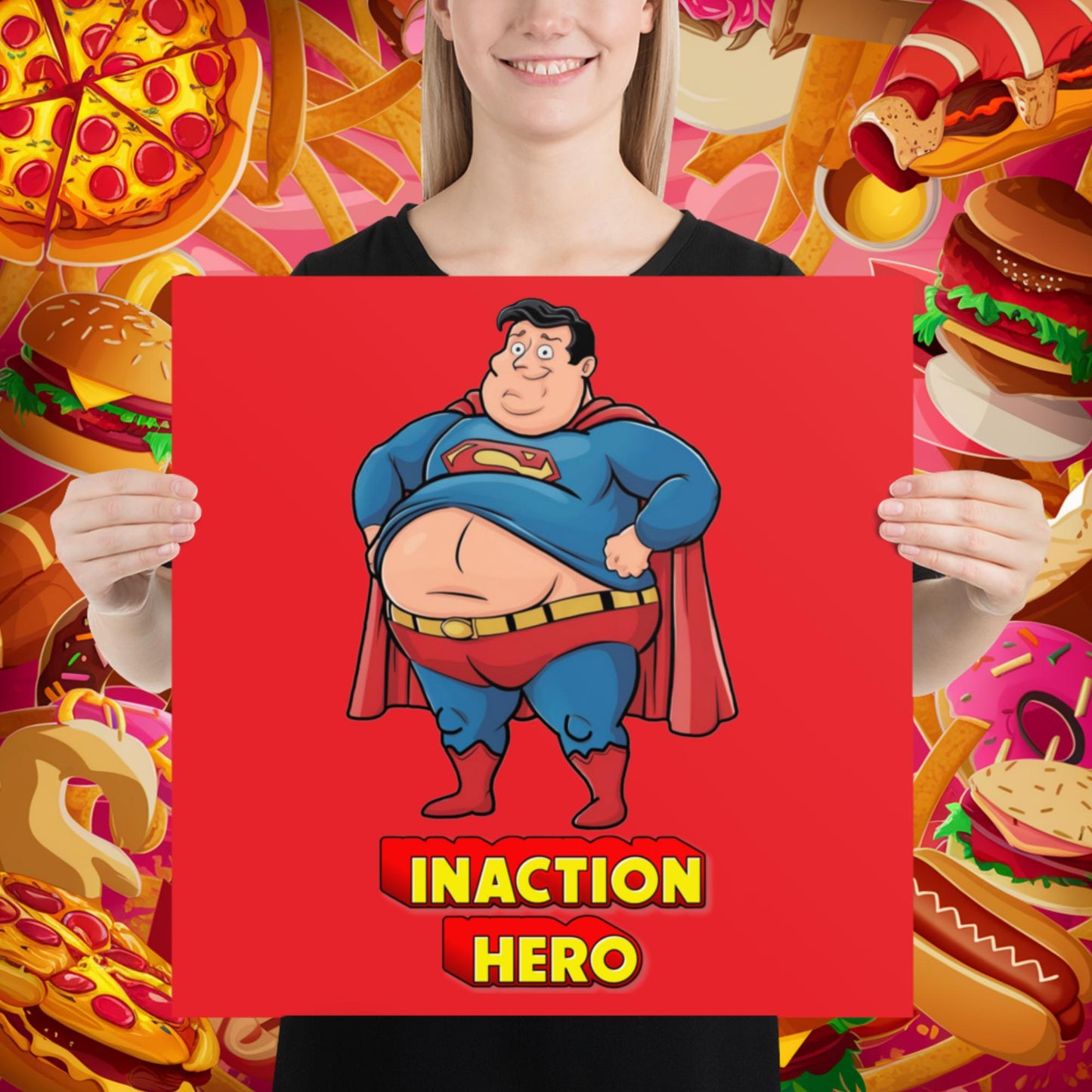 Inaction Hero Funny Fat Superhero Poster 18″×18″ Posters Movies Superheroes Superman Next Cult Brand