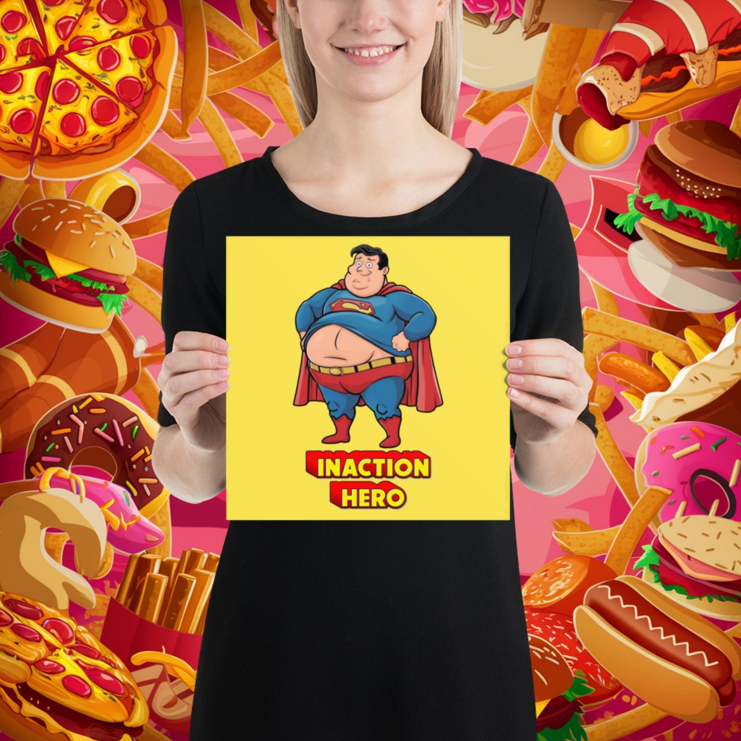 Inaction Hero Funny Fat Superhero Poster 10″×10″ Posters Movies Superheroes Superman Next Cult Brand
