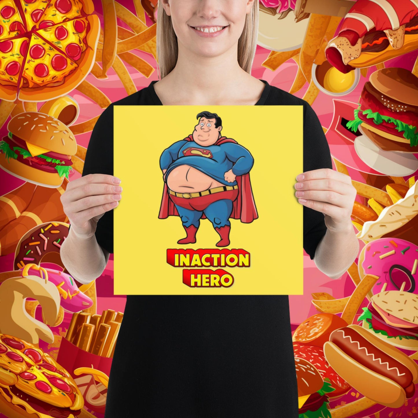 Inaction Hero Funny Fat Superhero Poster 12″×12″ Posters Movies Superheroes Superman Next Cult Brand