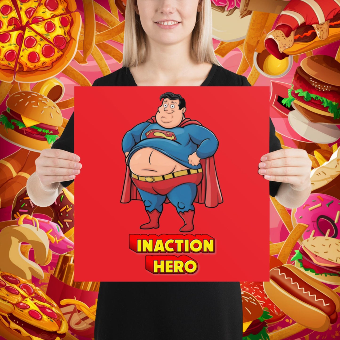 Inaction Hero Funny Fat Superhero Poster 16″×16″ Posters Movies Superheroes Superman Next Cult Brand