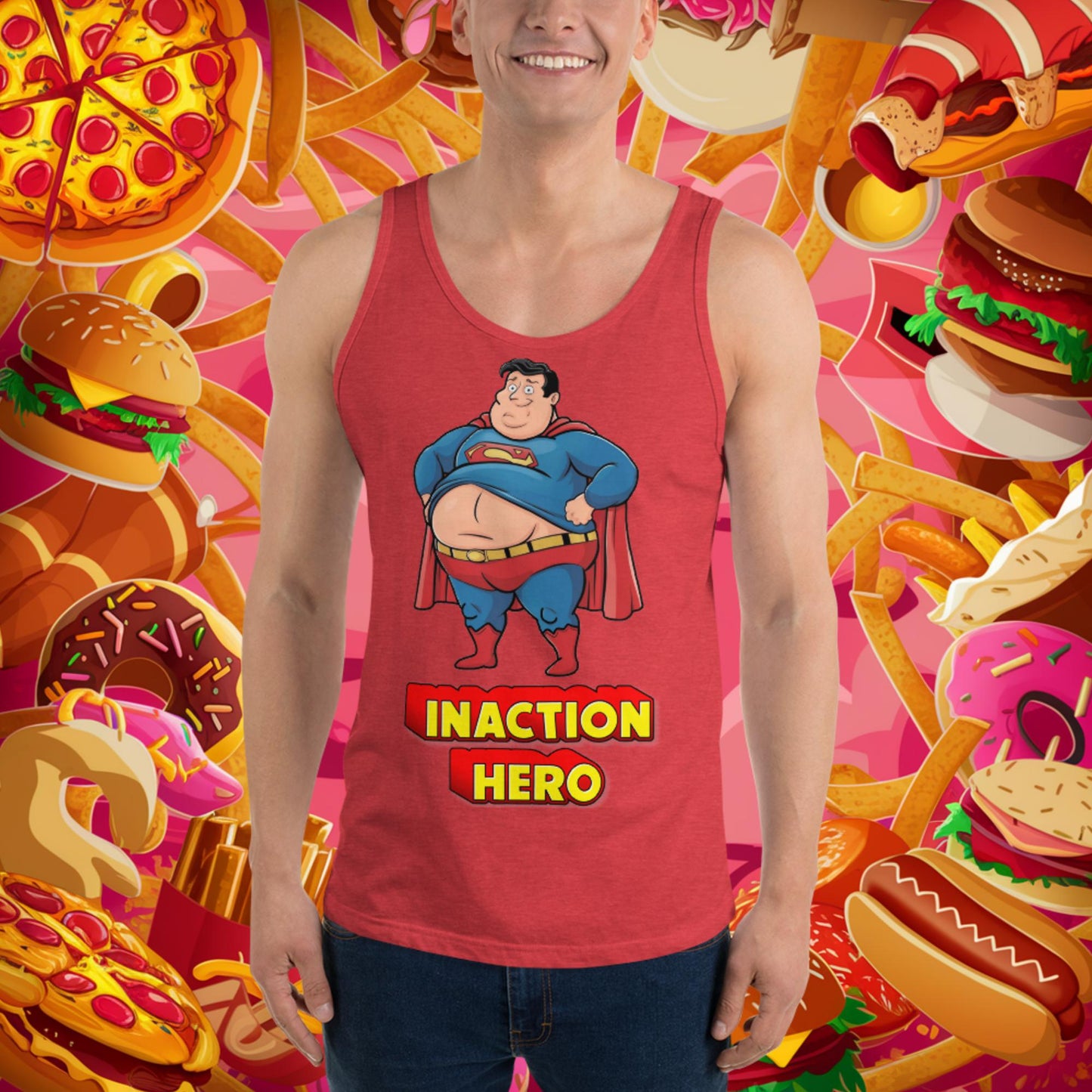 Inaction Hero Funny Fat Superhero Tank Top Red Triblend Tank Tops Movies Superheroes Superman Next Cult Brand