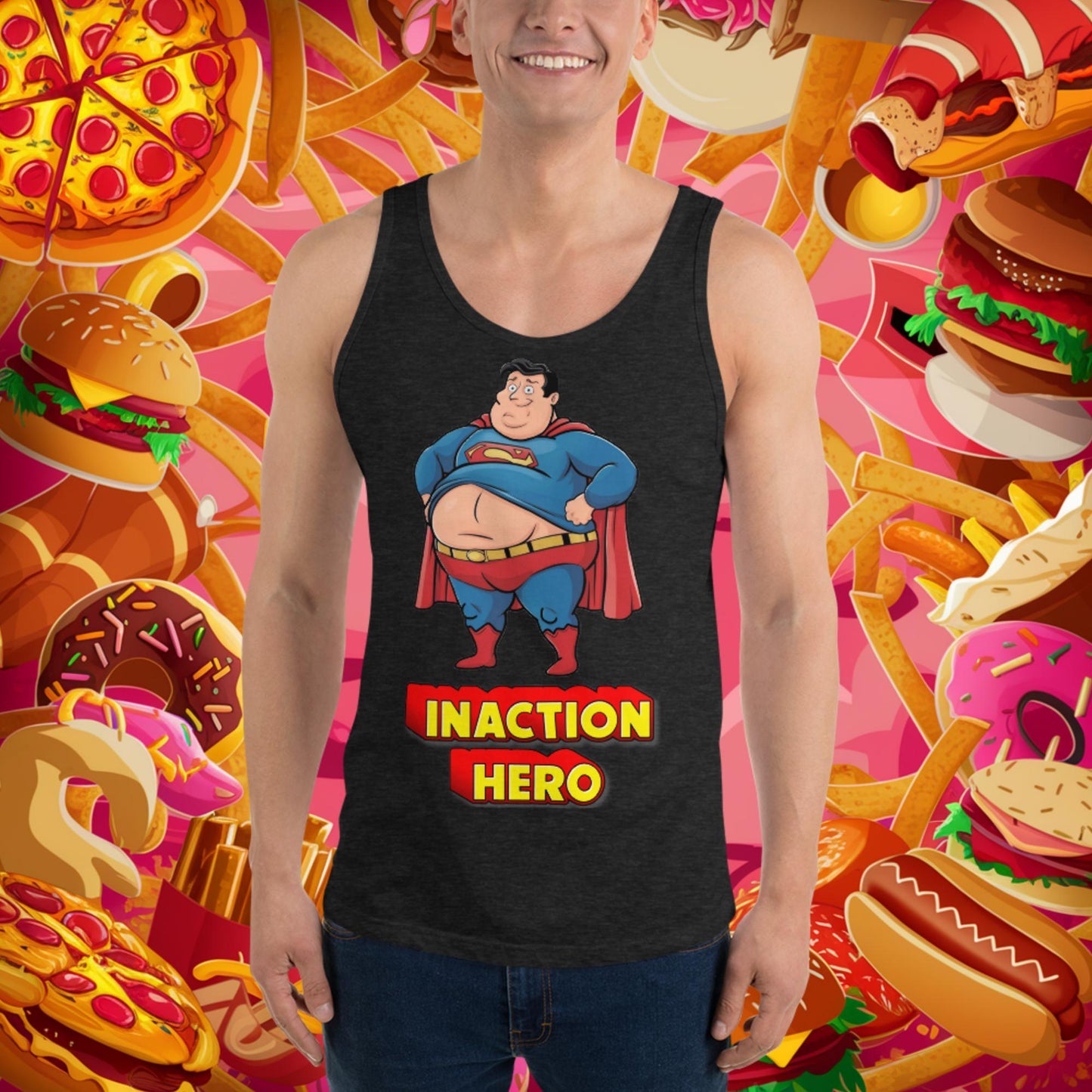 Inaction Hero Funny Fat Superhero Tank Top Charcoal-Black Triblend Tank Tops Movies Superheroes Superman Next Cult Brand
