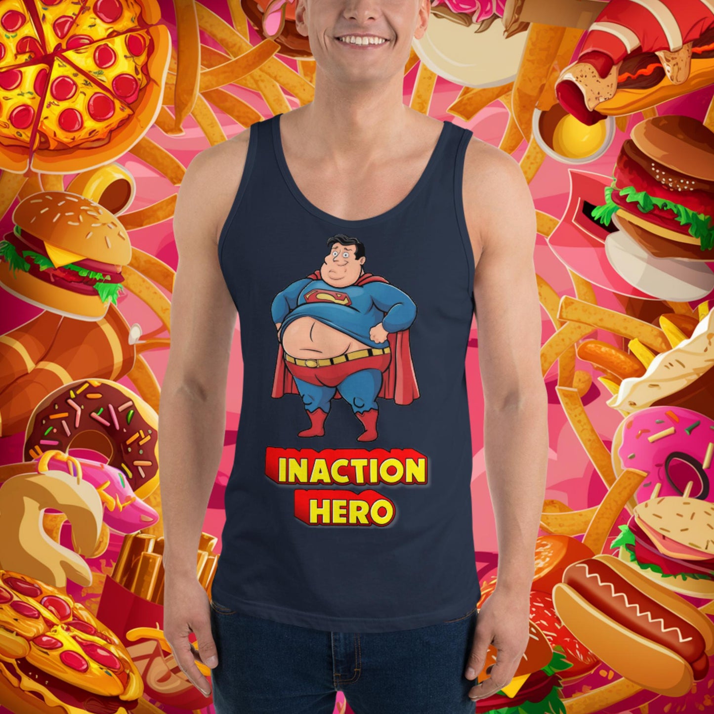 Inaction Hero Funny Fat Superhero Tank Top Navy Tank Tops Movies Superheroes Superman Next Cult Brand