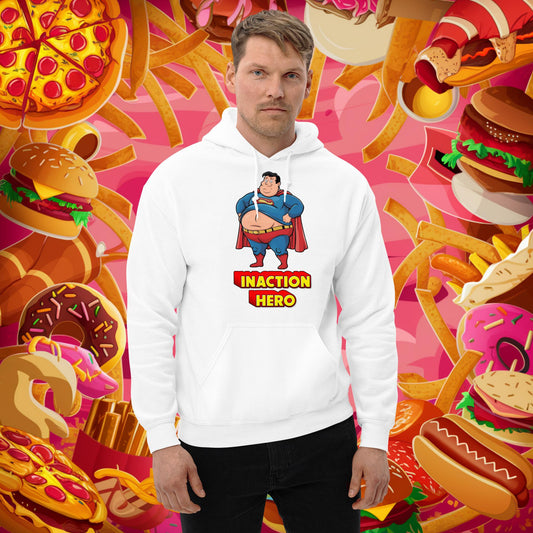 Inaction Hero Funny Fat Superhero Unisex Hoodie White Hoodies Justice League Movies Superheroes Superman Next Cult Brand