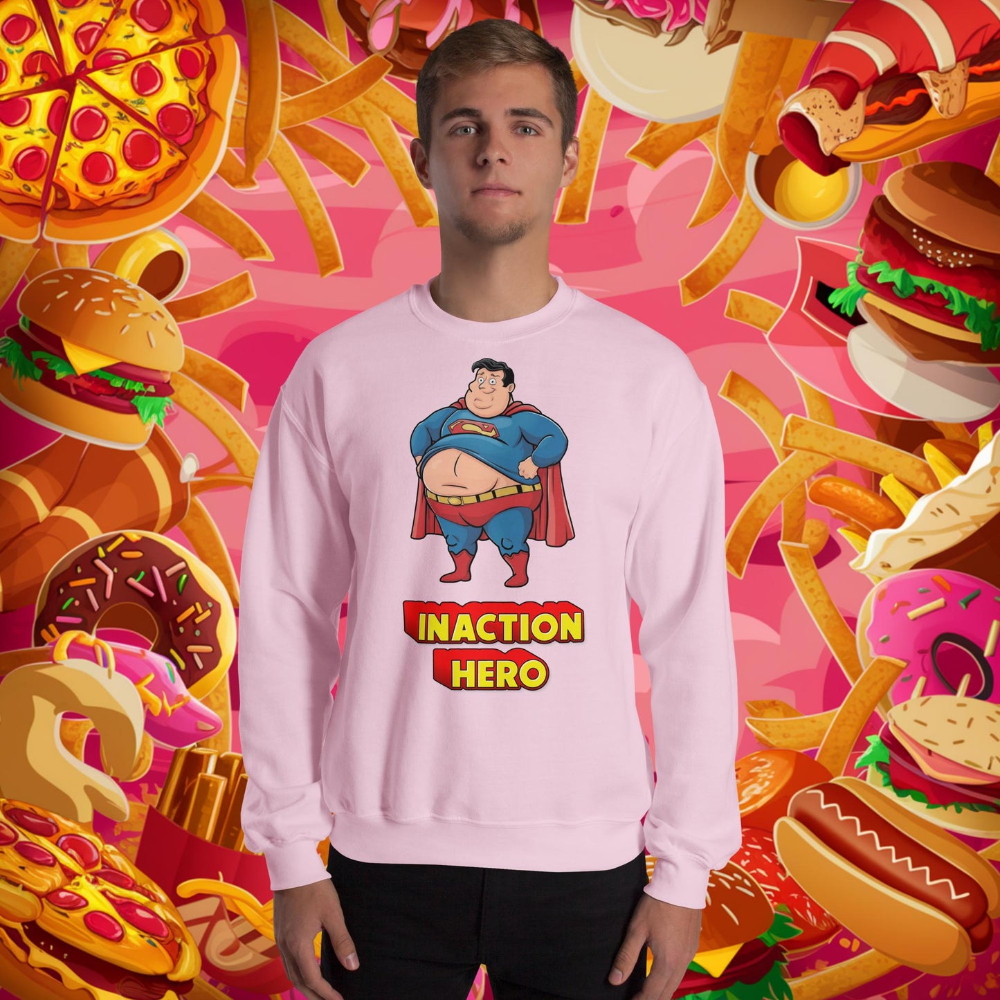 Inaction Hero Funny Fat Superhero Unisex Sweatshirt Light Pink Sweatshirts Justice League Movies Superheroes Superman Next Cult Brand