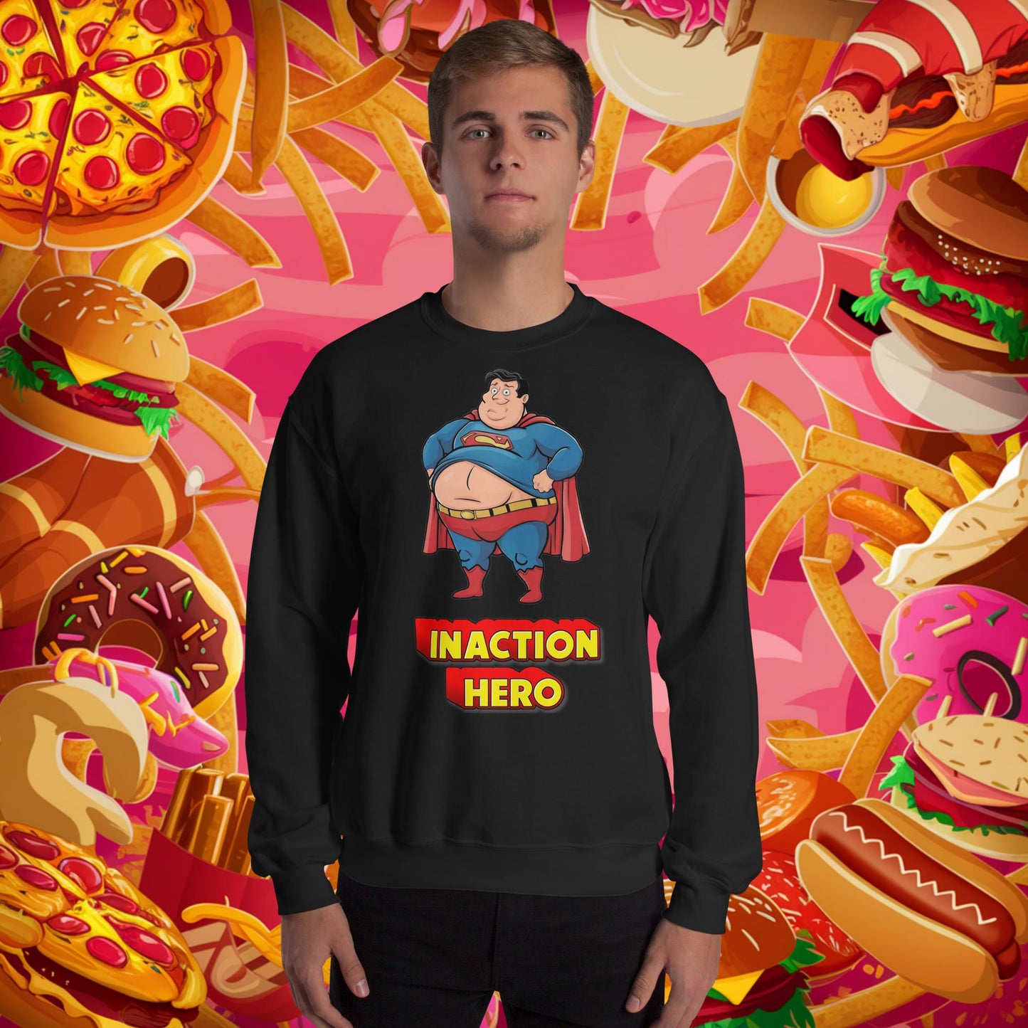 Inaction Hero Funny Fat Superhero Unisex Sweatshirt Black Sweatshirts Justice League Movies Superheroes Superman Next Cult Brand