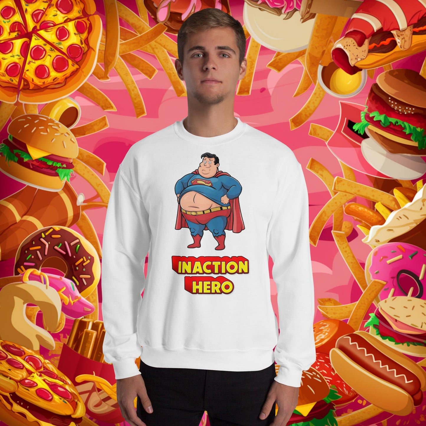 Inaction Hero Funny Fat Superhero Unisex Sweatshirt White Sweatshirts Justice League Movies Superheroes Superman Next Cult Brand