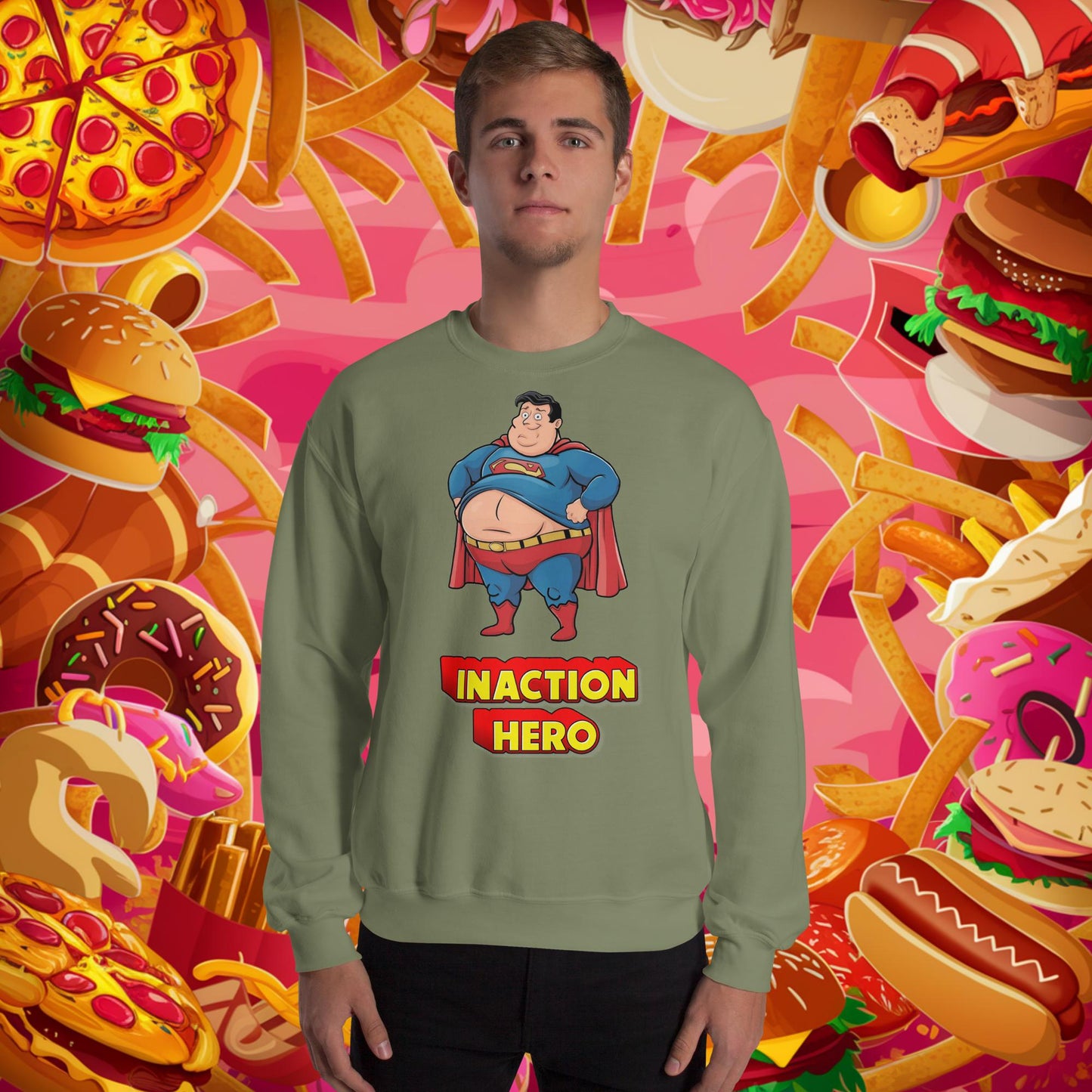 Inaction Hero Funny Fat Superhero Unisex Sweatshirt Military Green Sweatshirts Justice League Movies Superheroes Superman Next Cult Brand