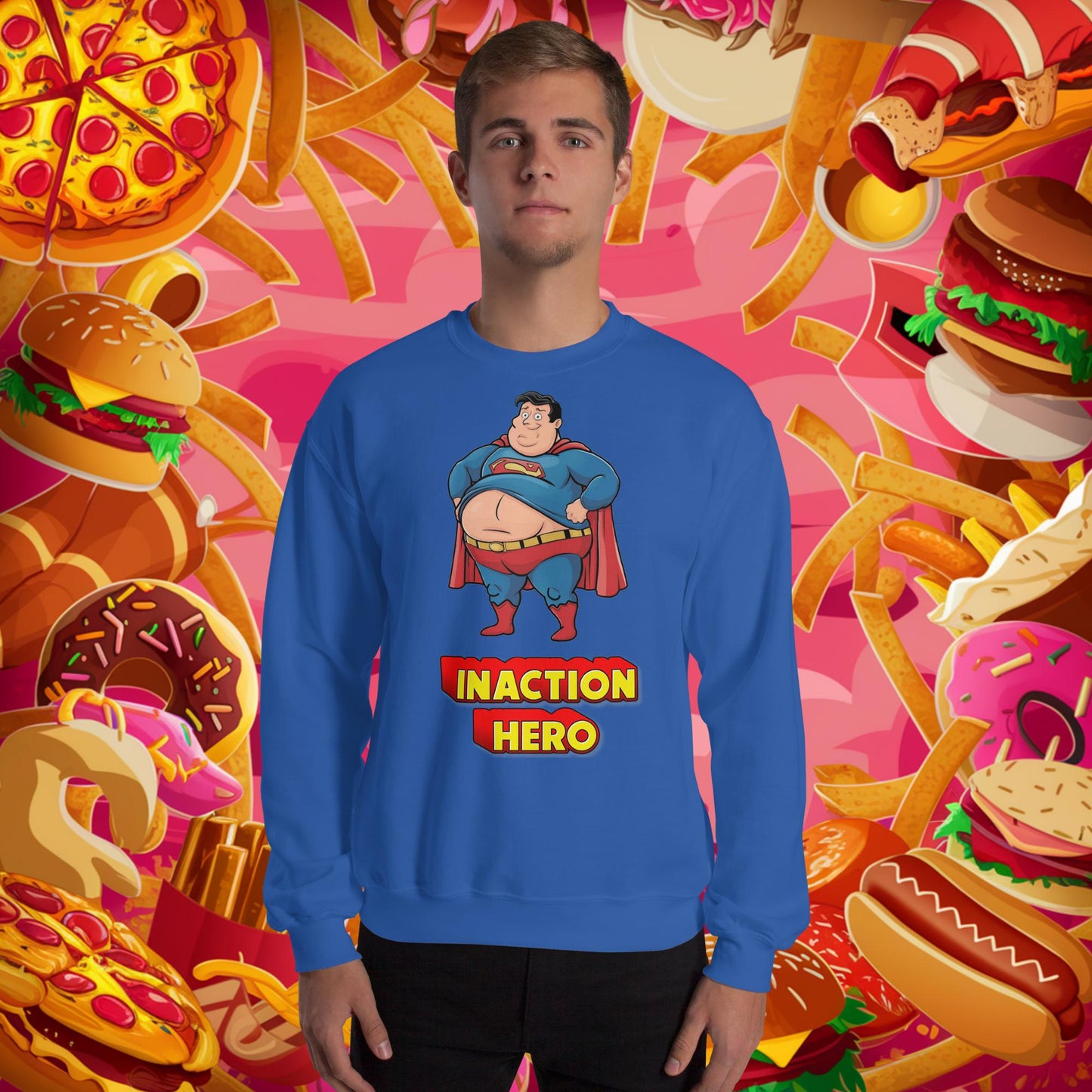 Inaction Hero Funny Fat Superhero Unisex Sweatshirt Royal Sweatshirts Justice League Movies Superheroes Superman Next Cult Brand