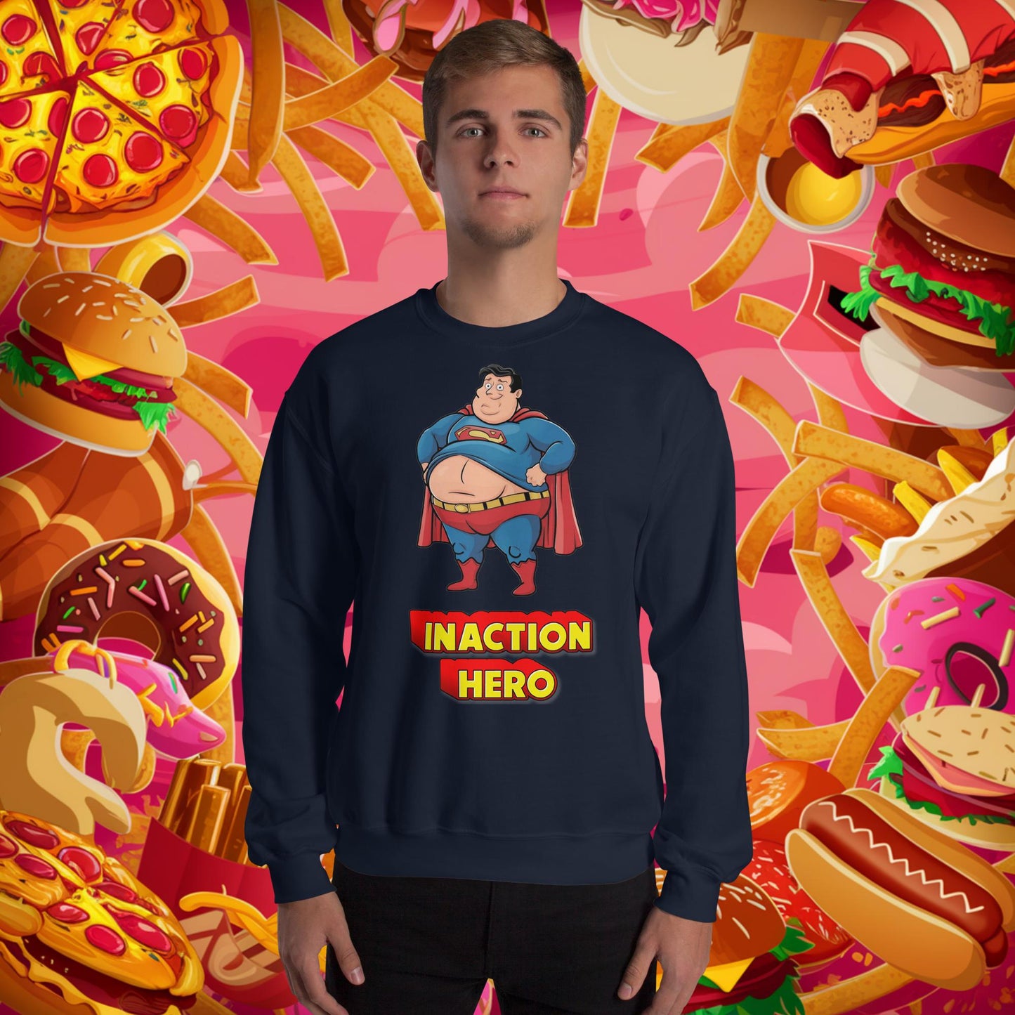 Inaction Hero Funny Fat Superhero Unisex Sweatshirt Navy Sweatshirts Justice League Movies Superheroes Superman Next Cult Brand