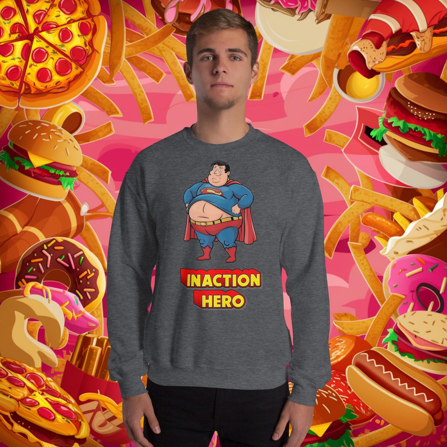 Inaction Hero Funny Fat Superhero Unisex Sweatshirt Dark Heather Sweatshirts Justice League Movies Superheroes Superman Next Cult Brand