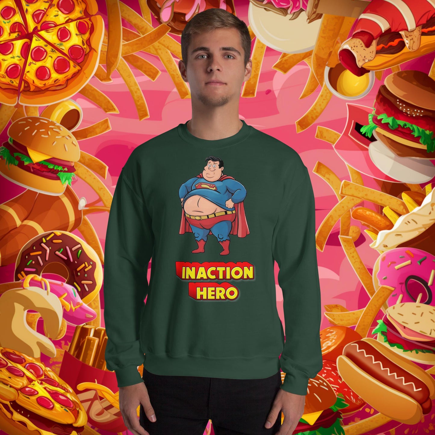 Inaction Hero Funny Fat Superhero Unisex Sweatshirt Forest Green Sweatshirts Justice League Movies Superheroes Superman Next Cult Brand