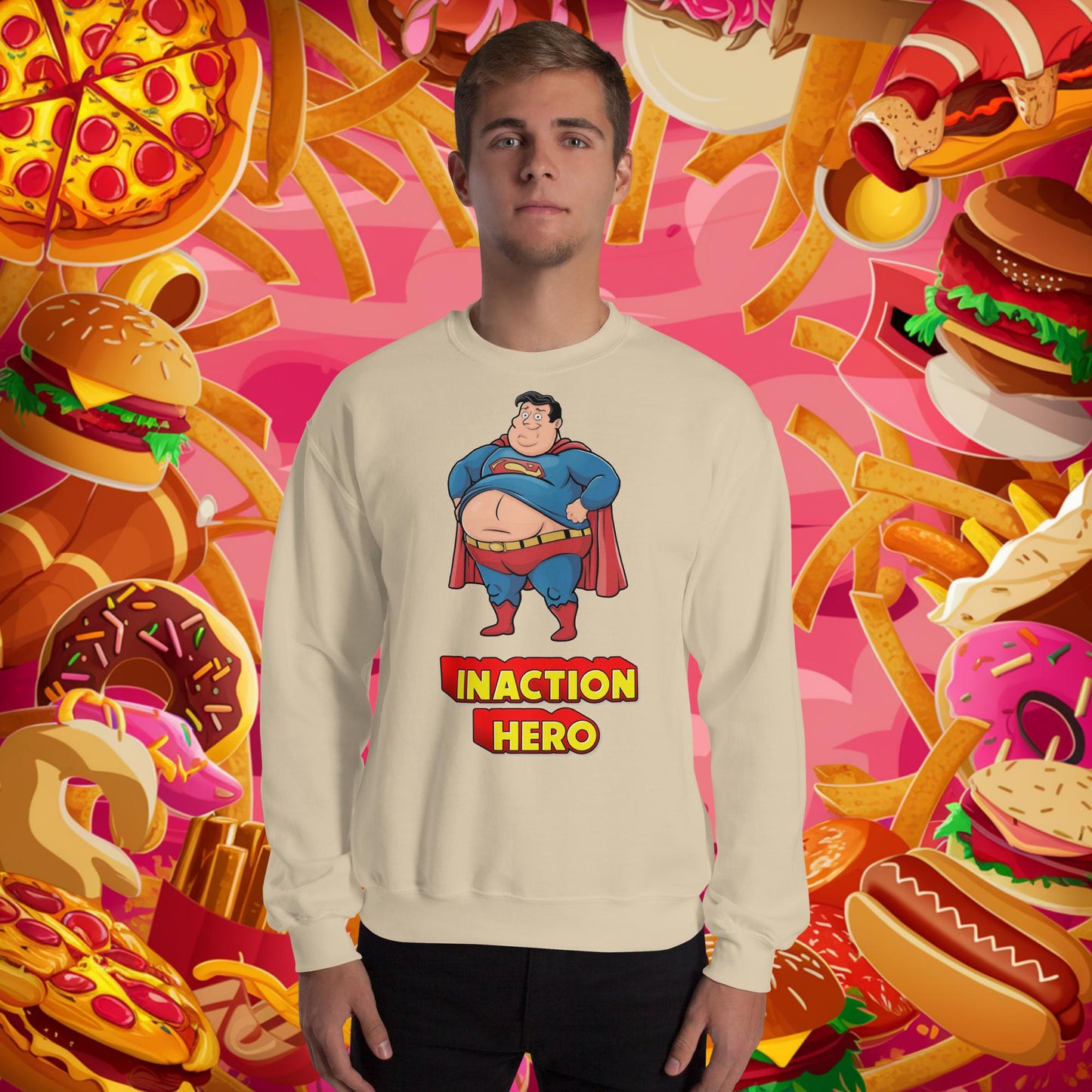 Inaction Hero Funny Fat Superhero Unisex Sweatshirt Sand Sweatshirts Justice League Movies Superheroes Superman Next Cult Brand